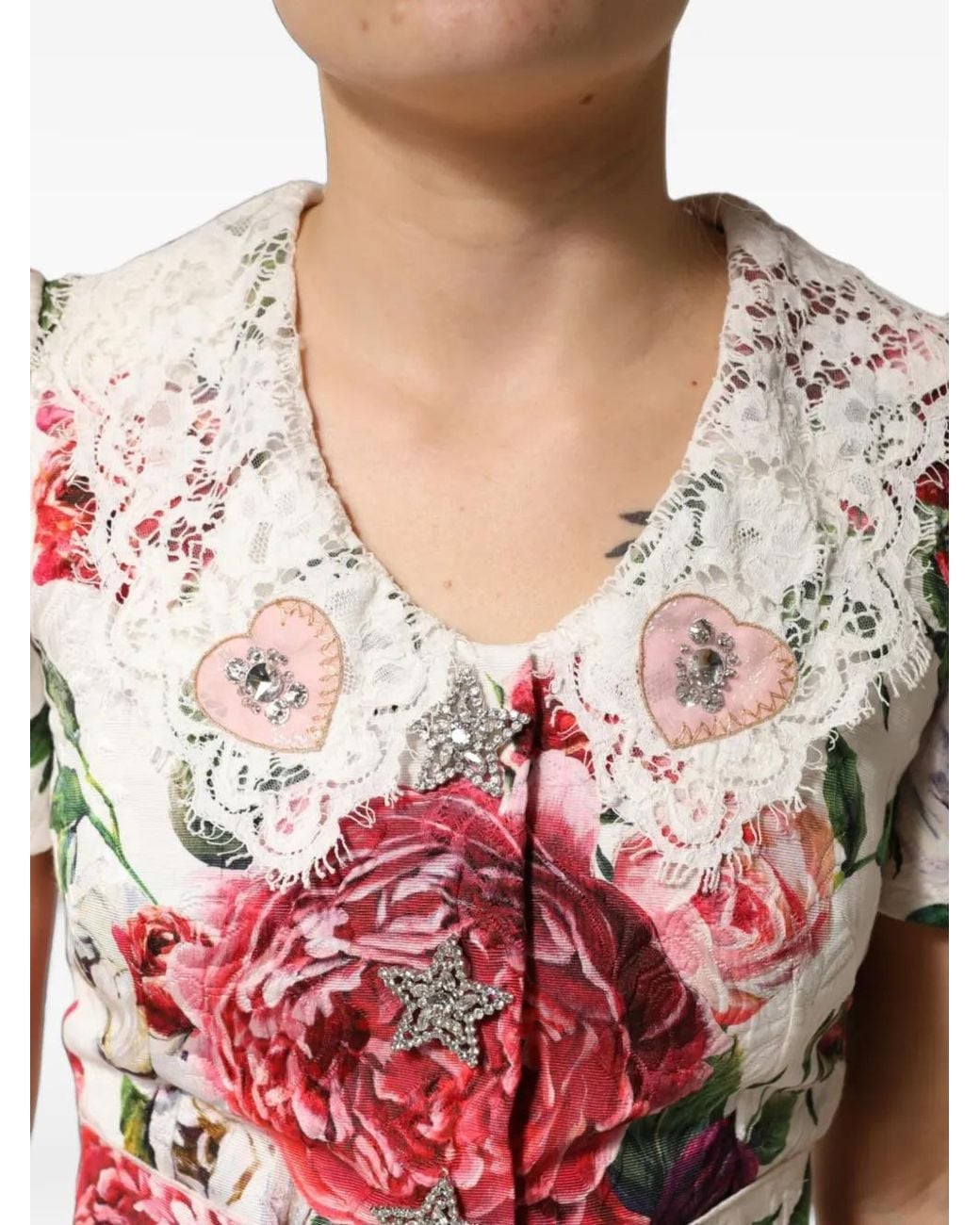 Dolce & Gabbana Red Floral-Print Lace-Collar Mini Dress