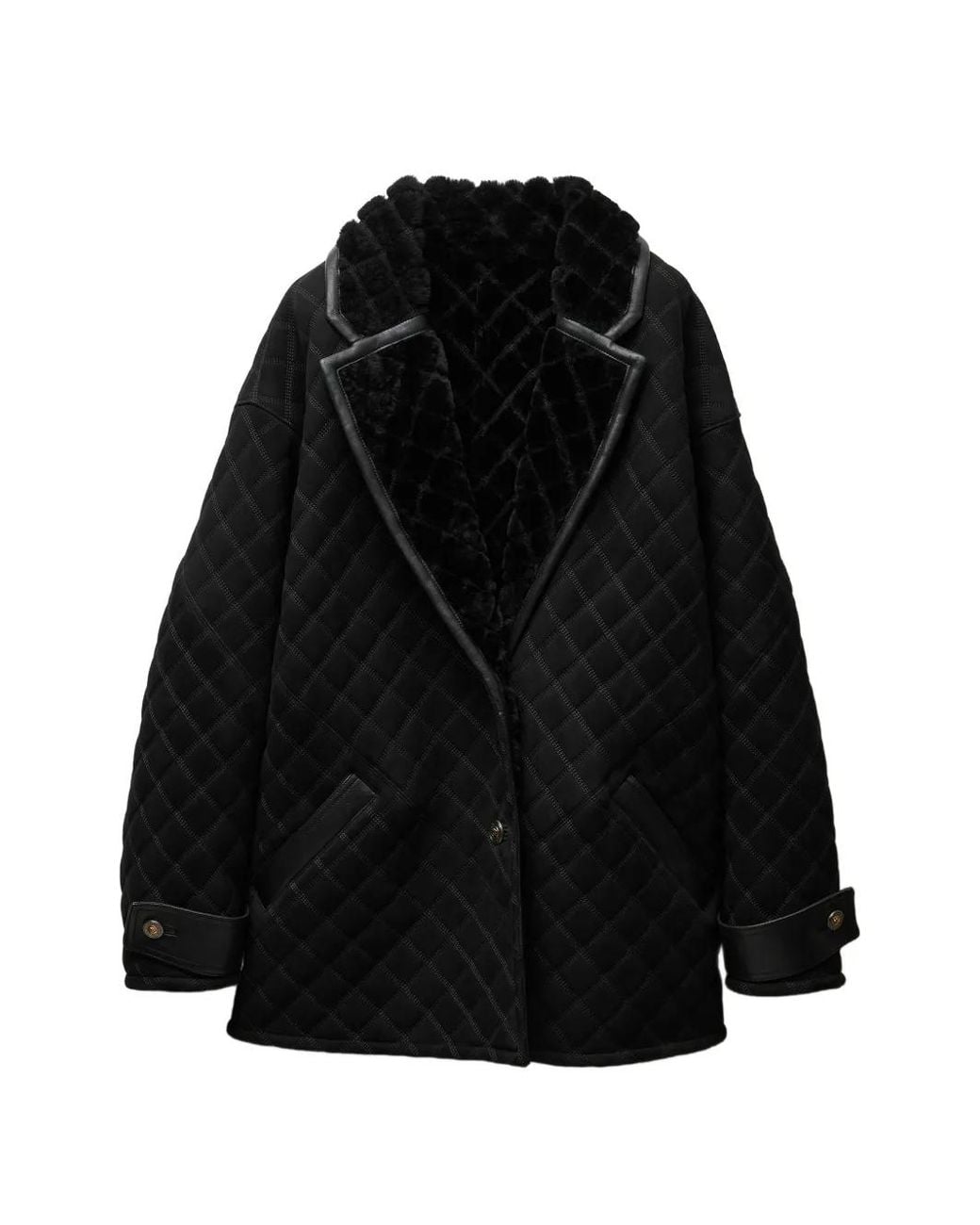 Versace Black Shearling Quilted Peacoat