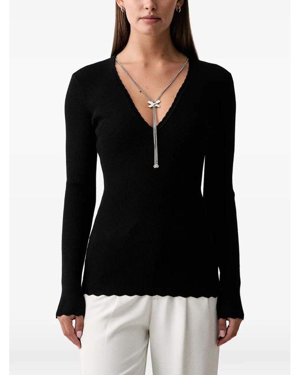 Silvian Heach Black Ribbed V-Neck Blouse