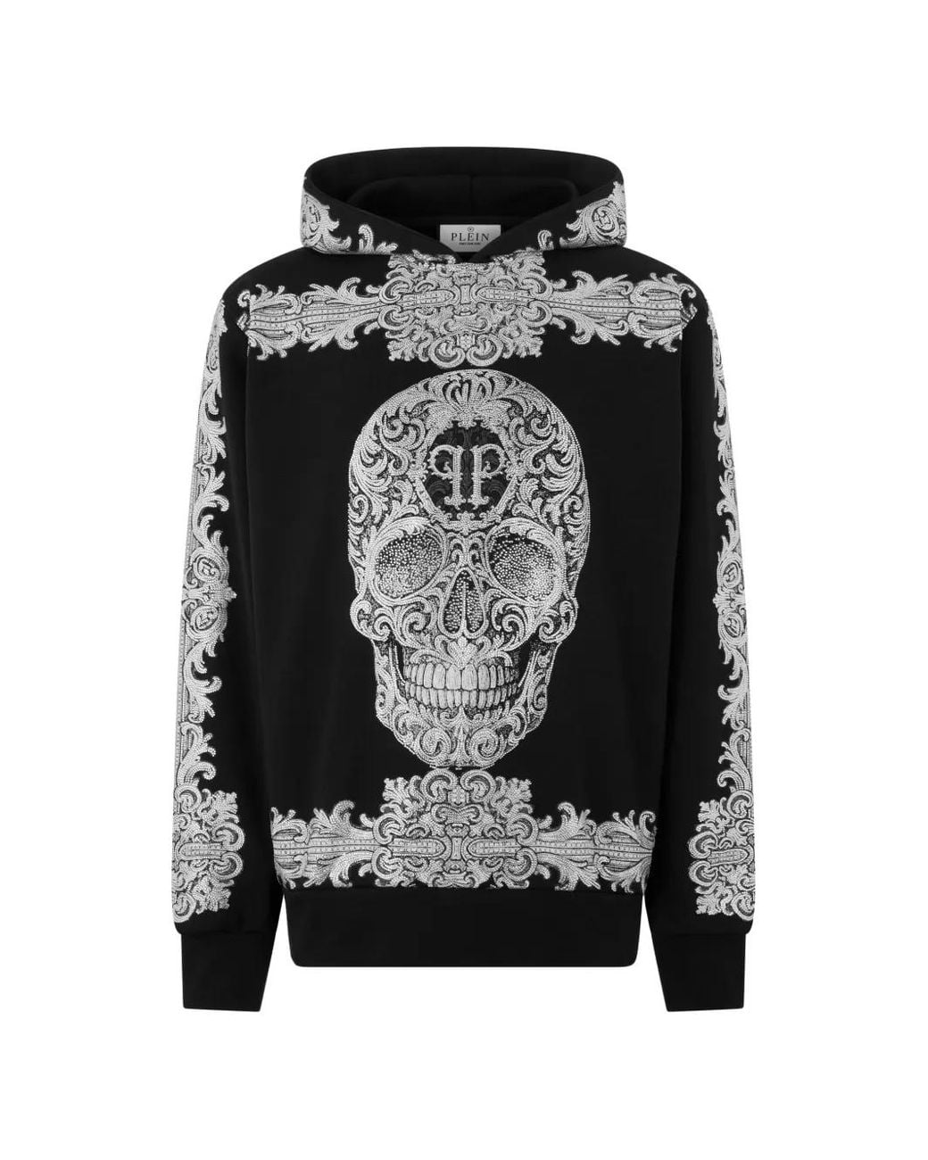 Philipp Plein Black Hoodie Baroque Skull Stones for men