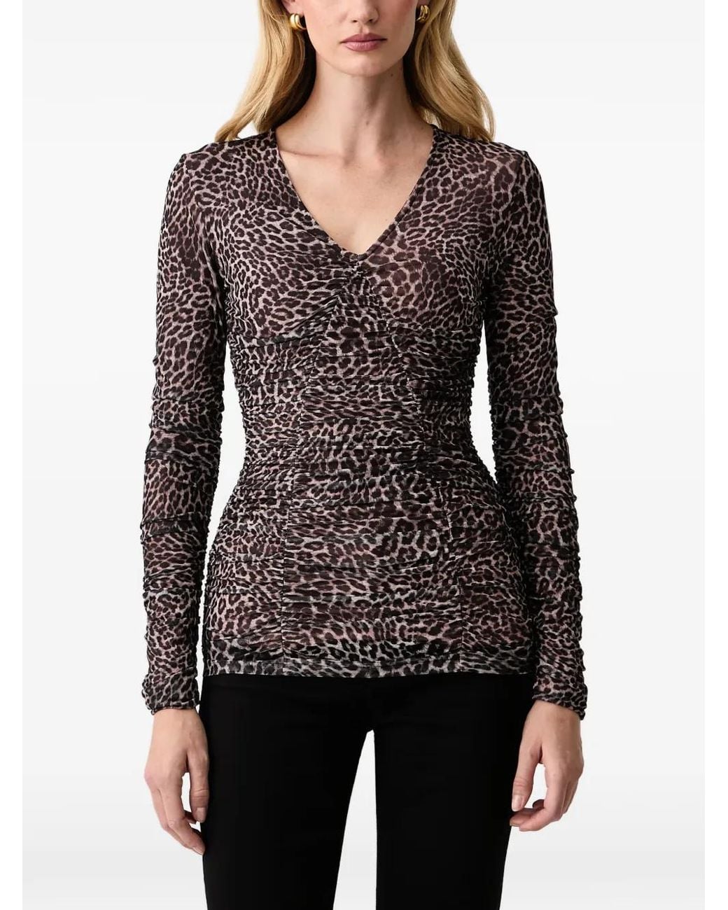 Silvian Heach Black Leopard-Print Ruched T-Shirt