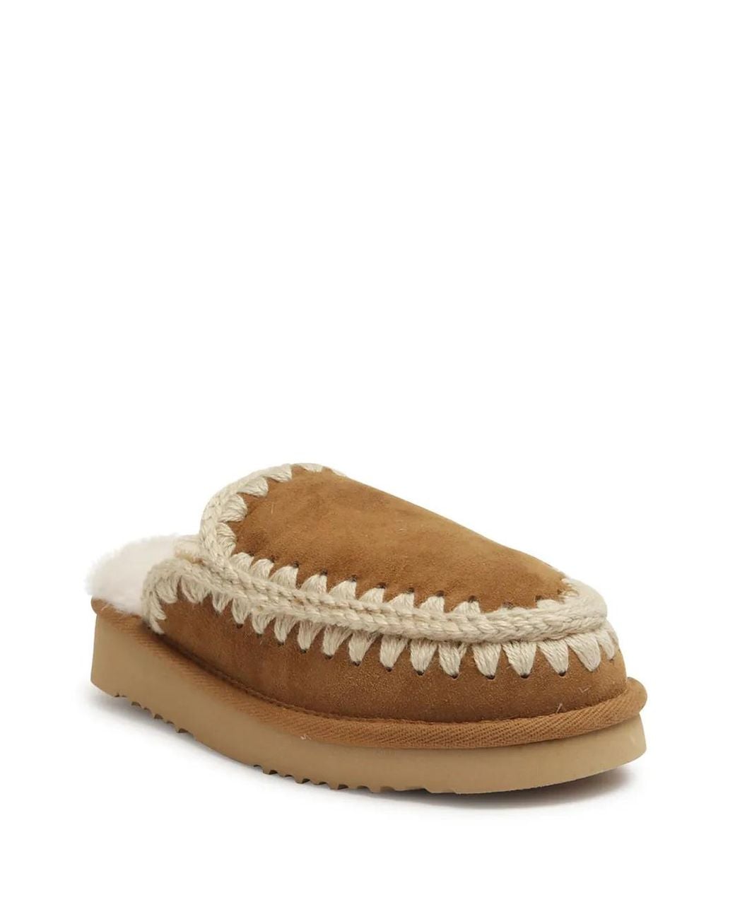 Mou Brown Shearling Crochet-Trim Slip-On Slippers