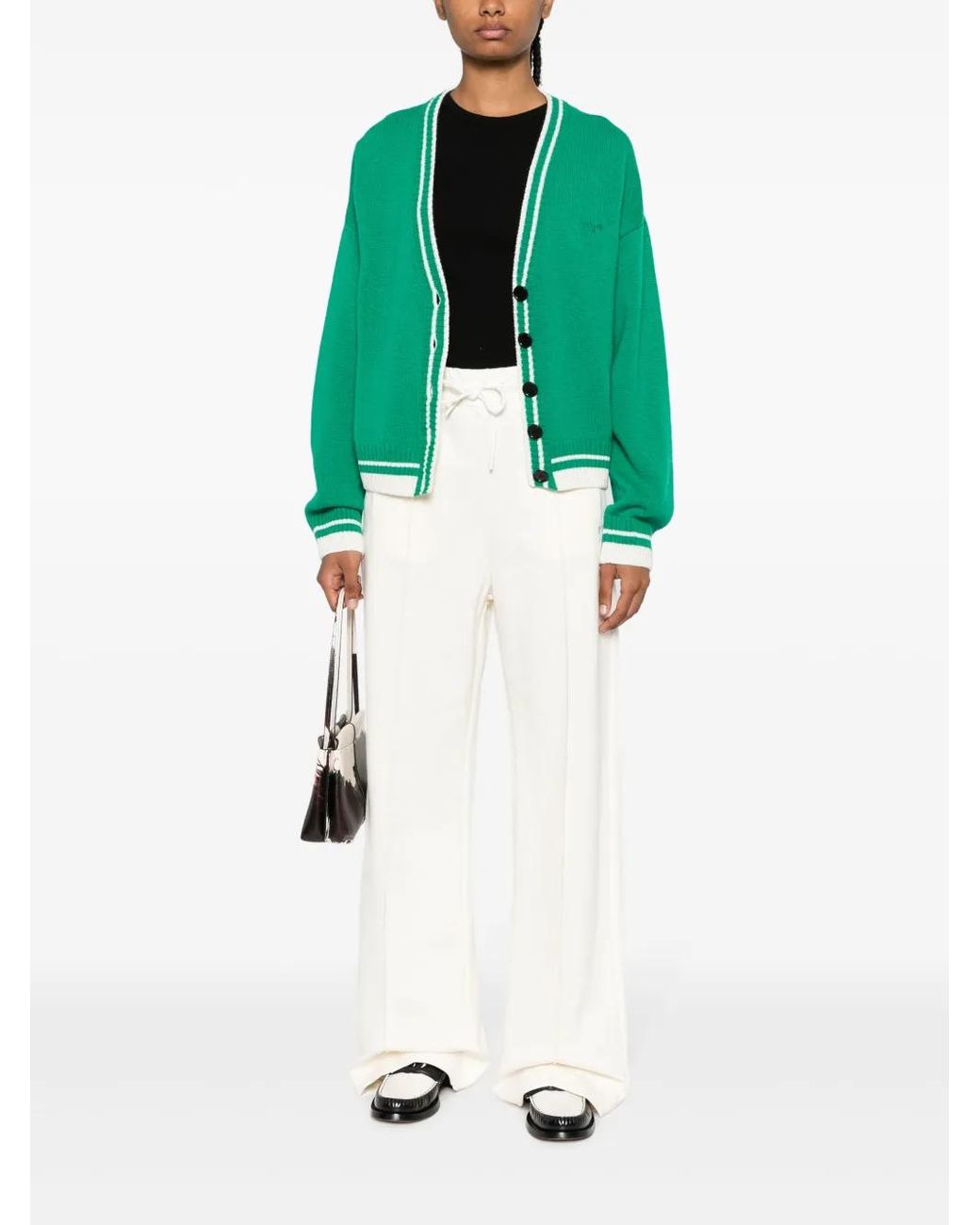MSGM Green Striped-Edge Knitted Cardigan