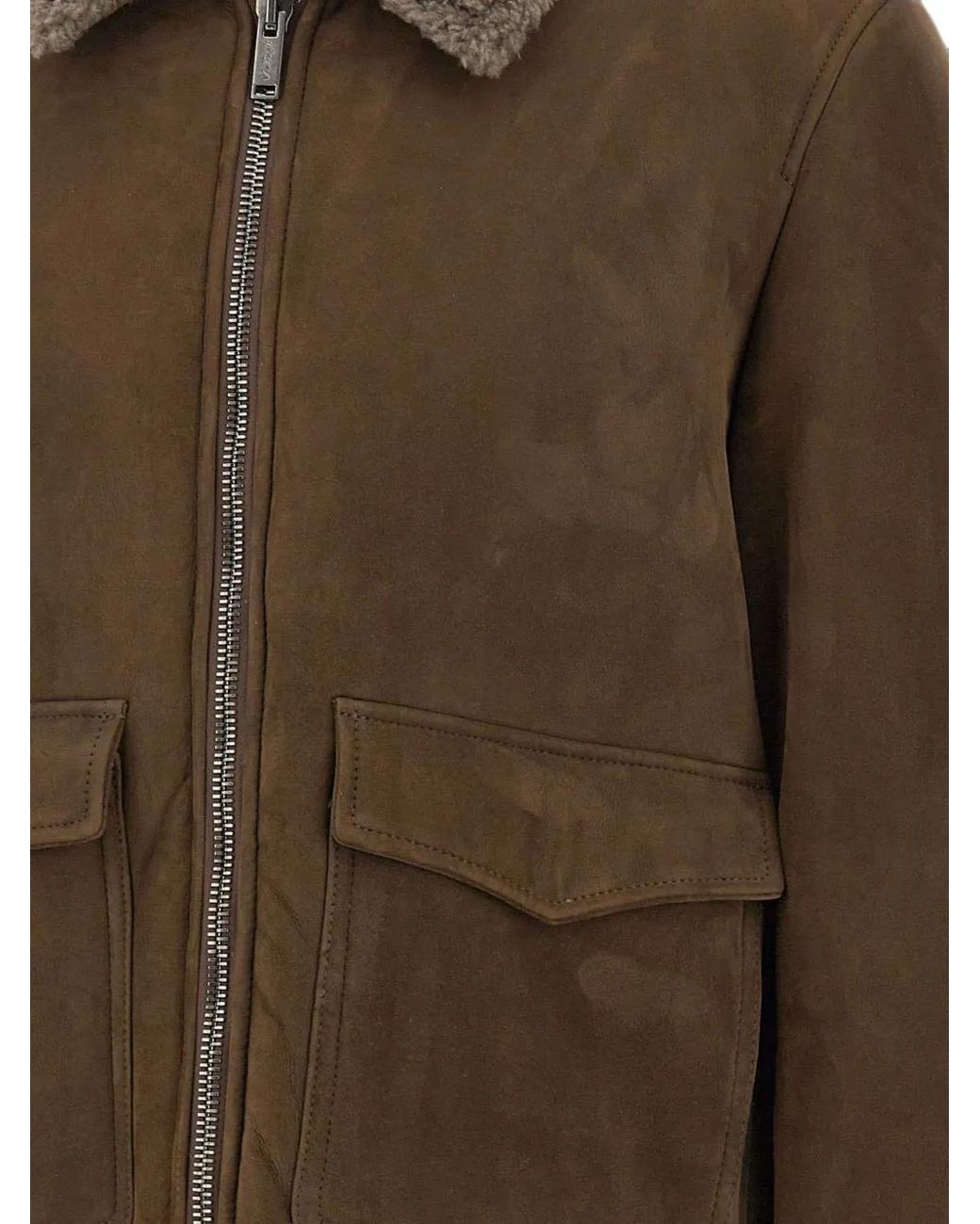 Volfagli Brown Brunelleschi Shearling-Collar Suede Jacket for men