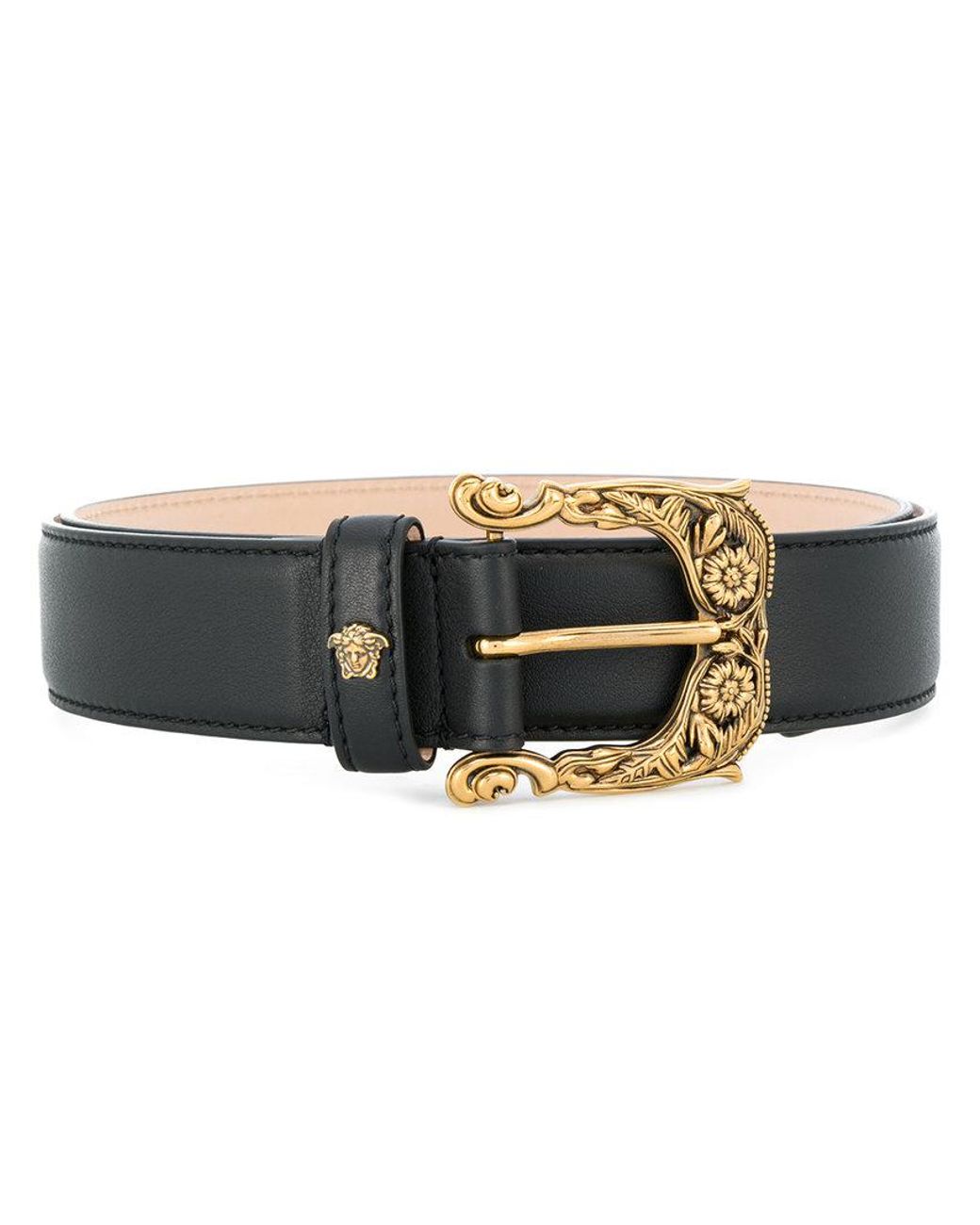 Versace Baroque Buckle Tribute Leather Belt in Black