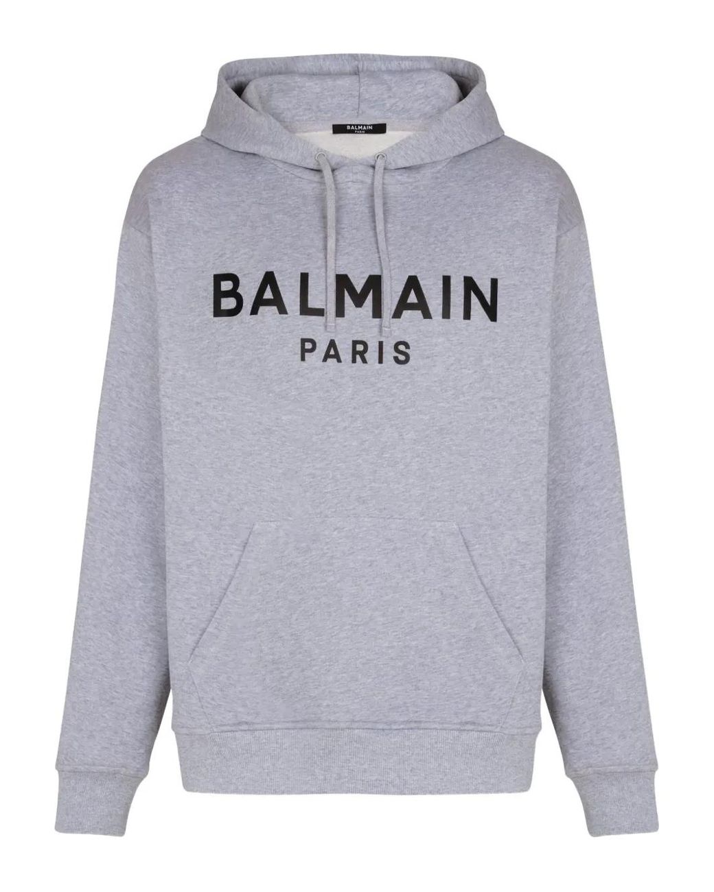 Balmain Gray Printed Cotton Hoodie for men