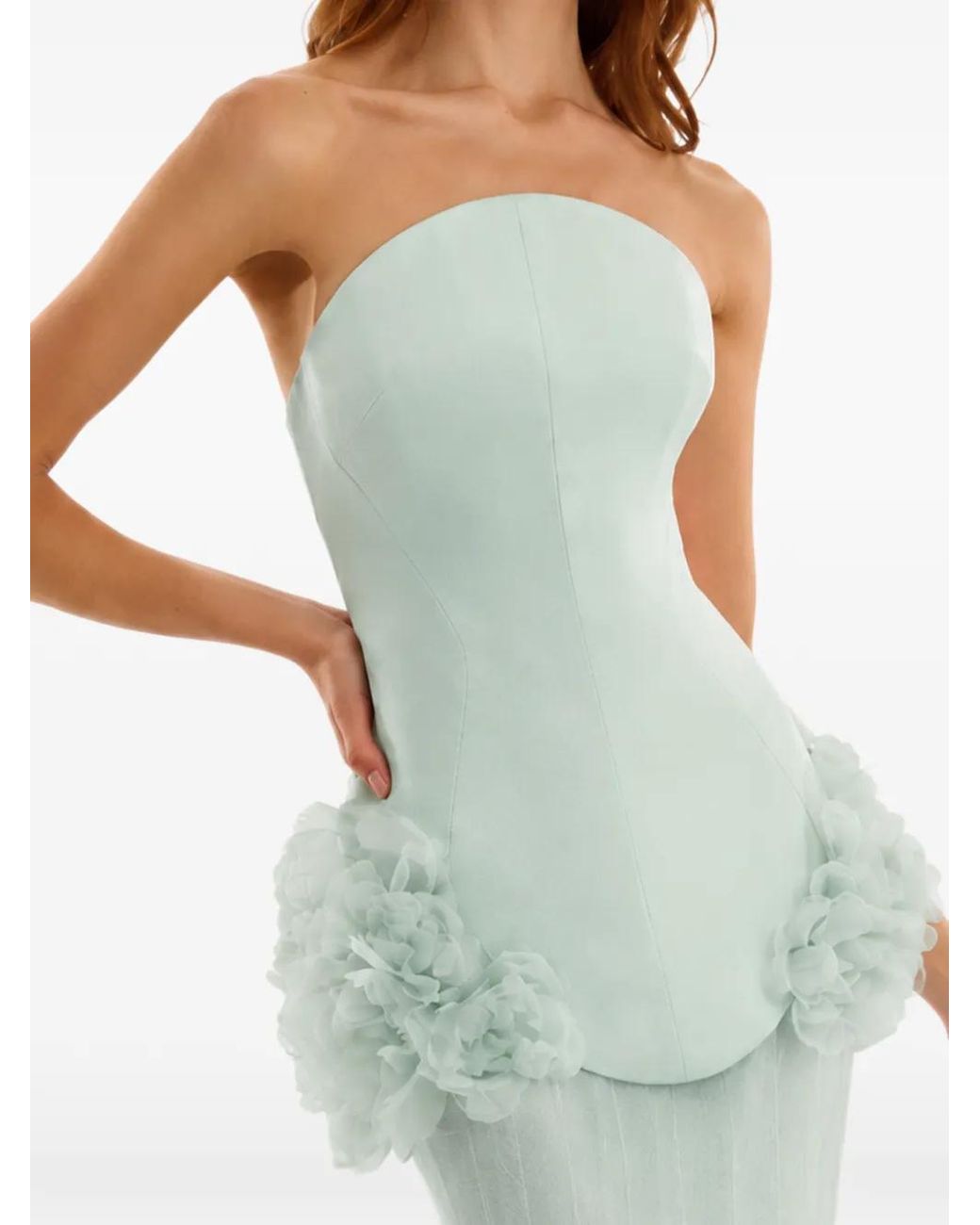 Gemy Maalouf Green Floral-Embellished Strapless Dress