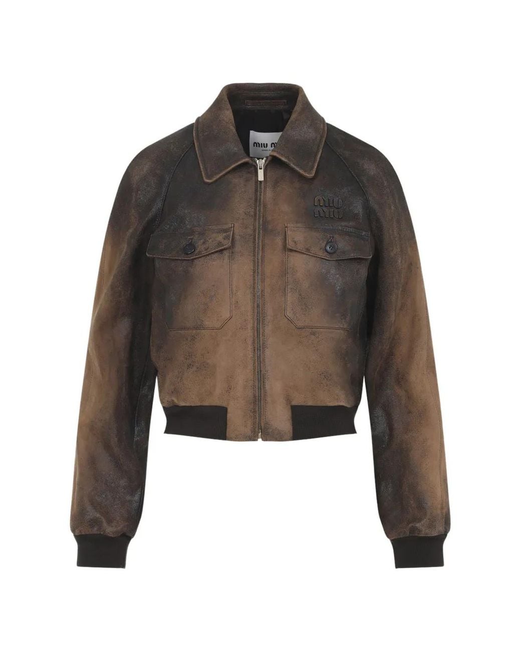 Miu Miu Brown Pocket Logo Leather Jacket