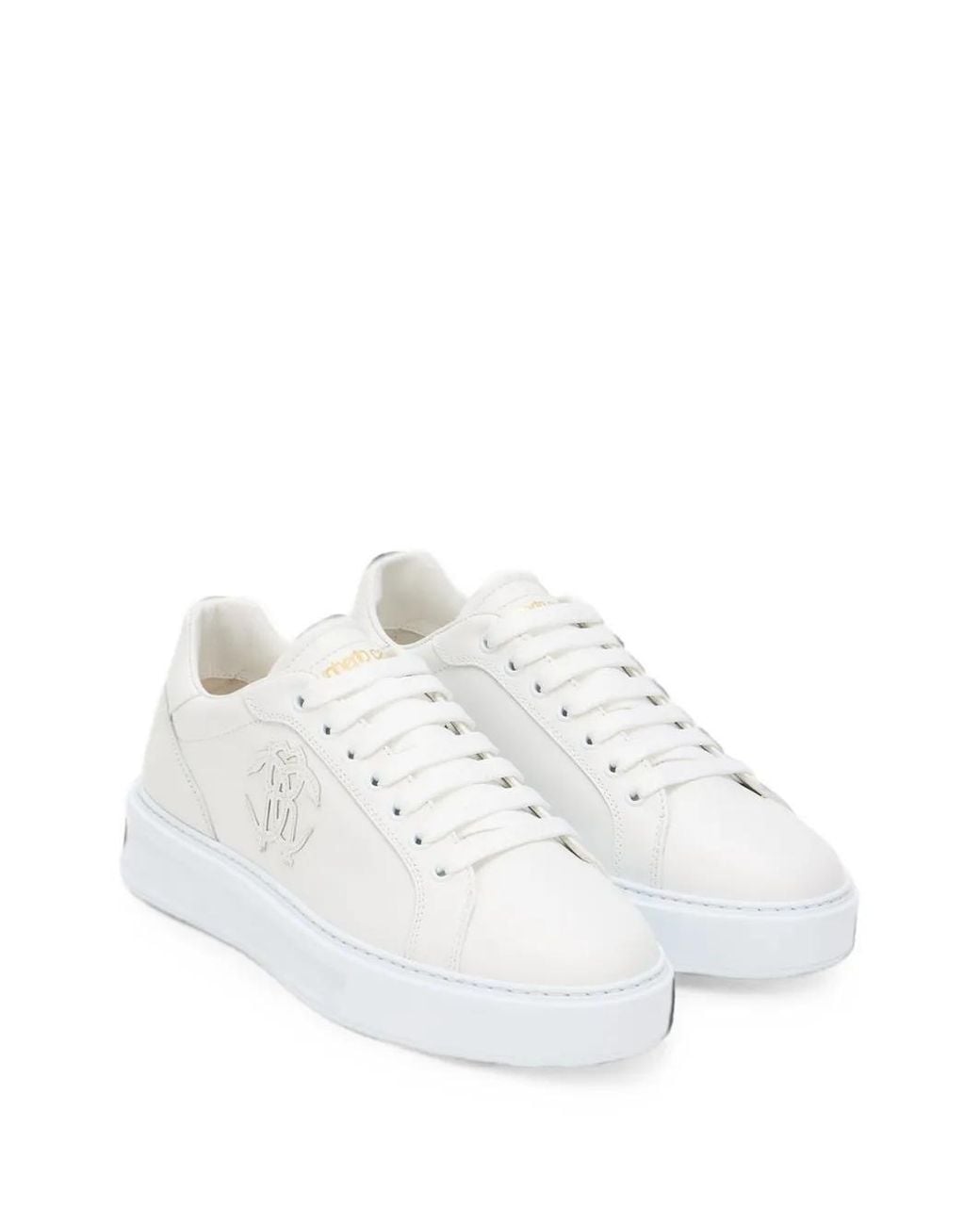 Roberto Cavalli White Logo-Patch Leather Low-Top Sneakers