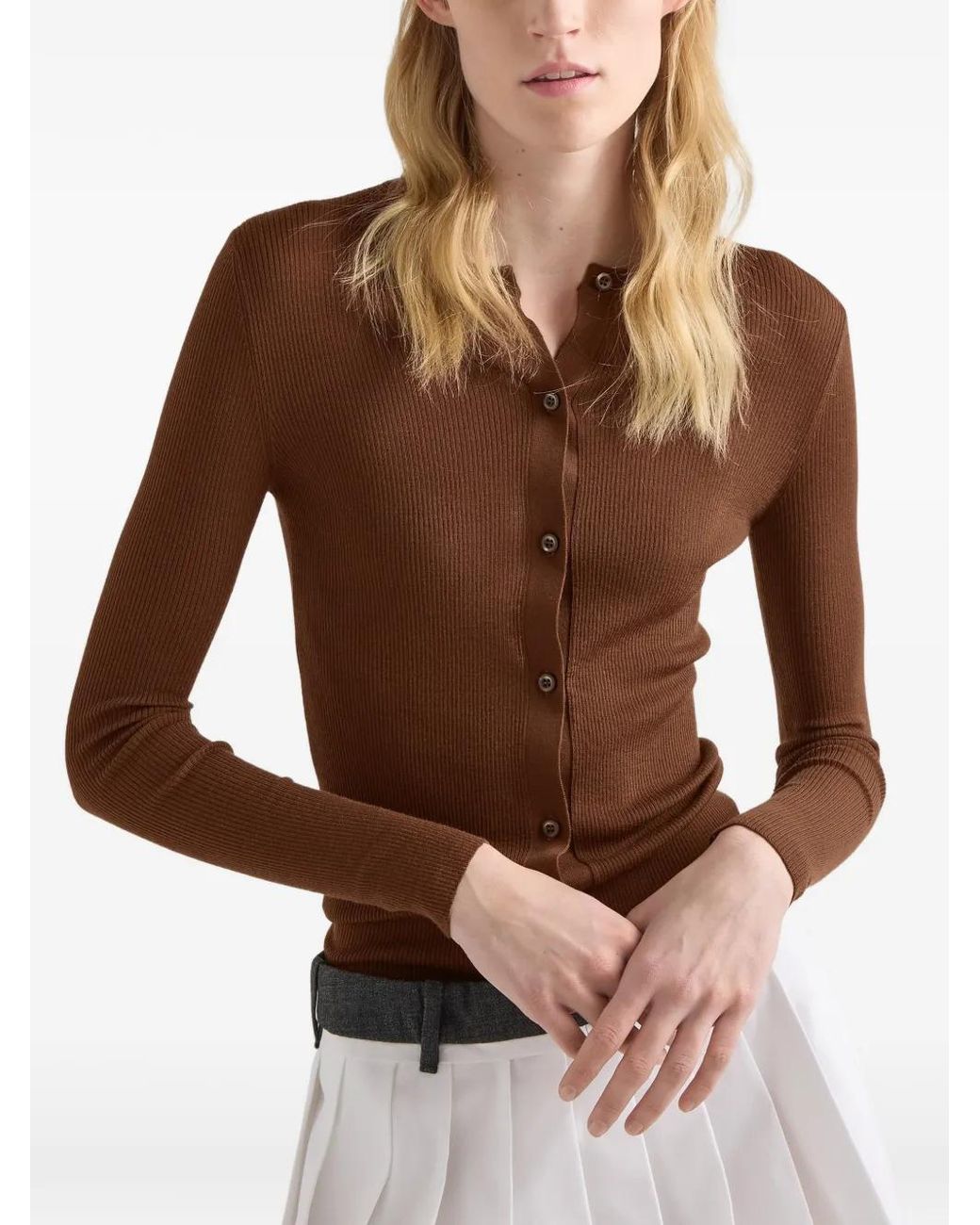 Prada Brown Ribbed Knit Wool Cardigan