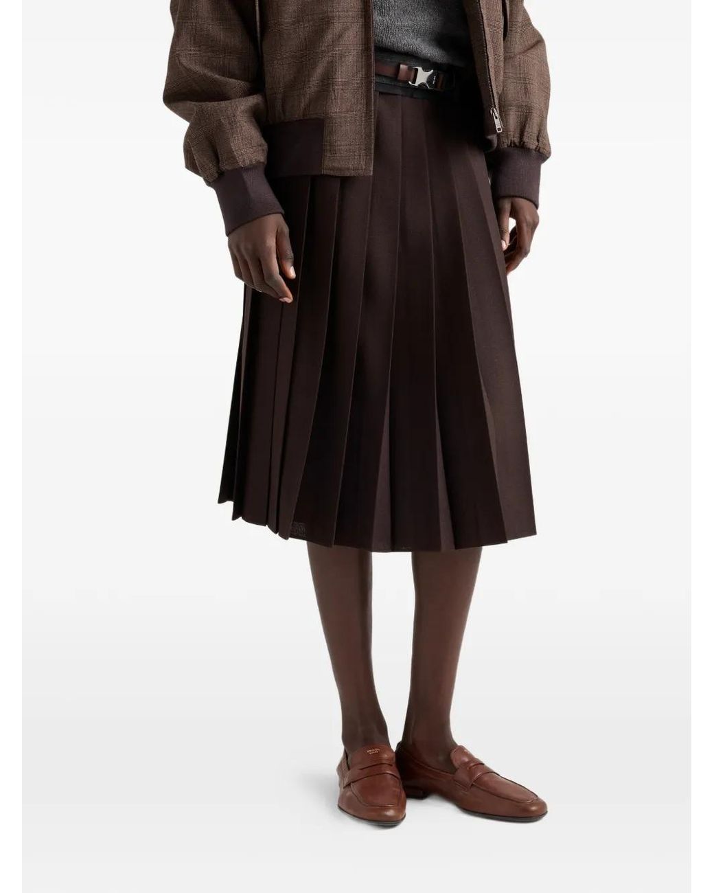 Prada Black Pleated Rush Stitch Midi Skirt