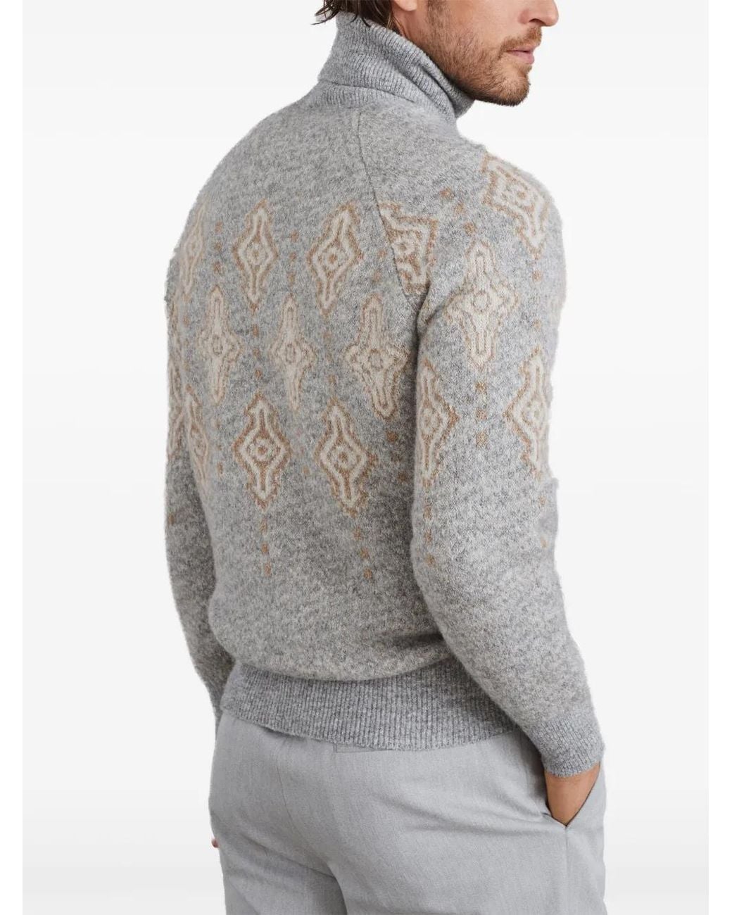 Brunello Cucinelli Gray Geometric Alpaca Cotton Turtleneck Sweater for men