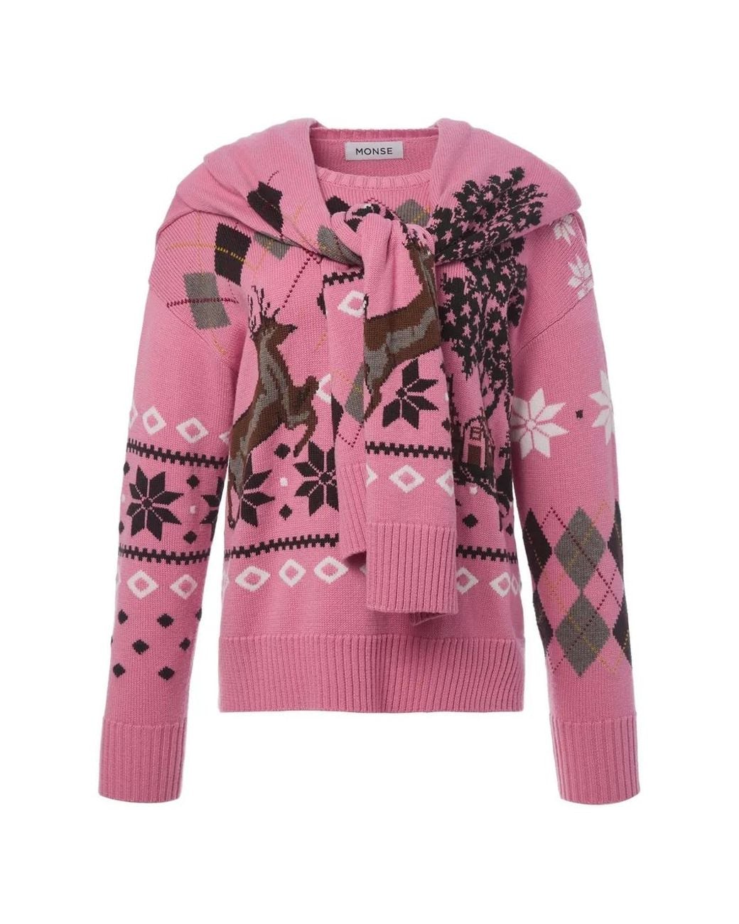 Monse Pink Fair Isle Scarf-Detail Sweater