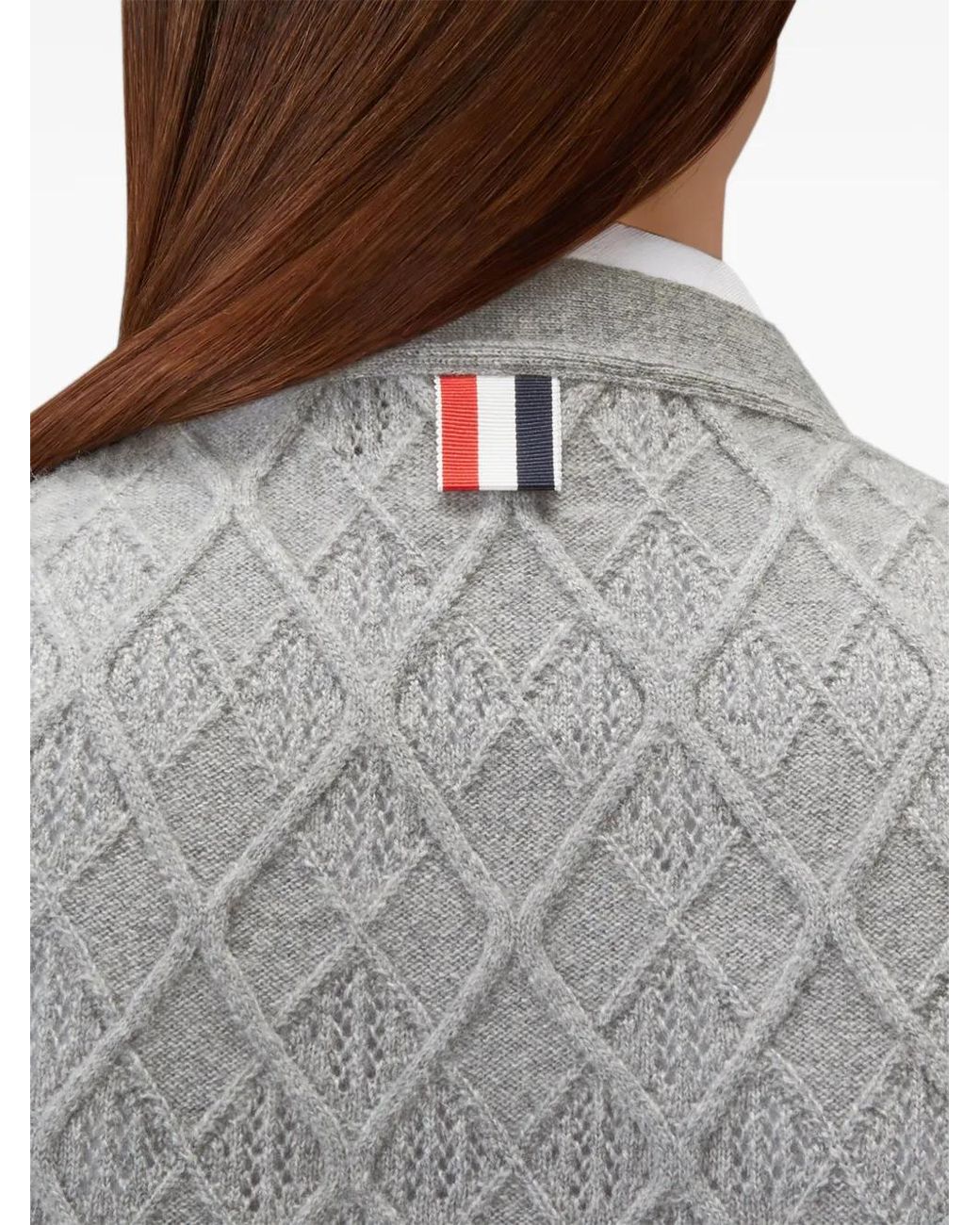 Thom Browne Gray Cashmere Intarsia Argyle Pointelle Shrunken Cardigan