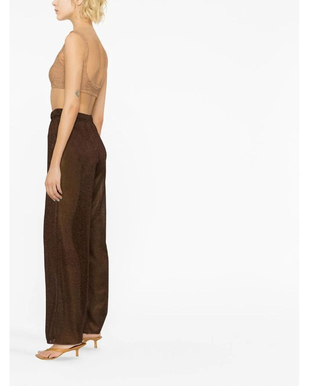 Oseree Brown Lurex-Detail High-Waisted Trousers