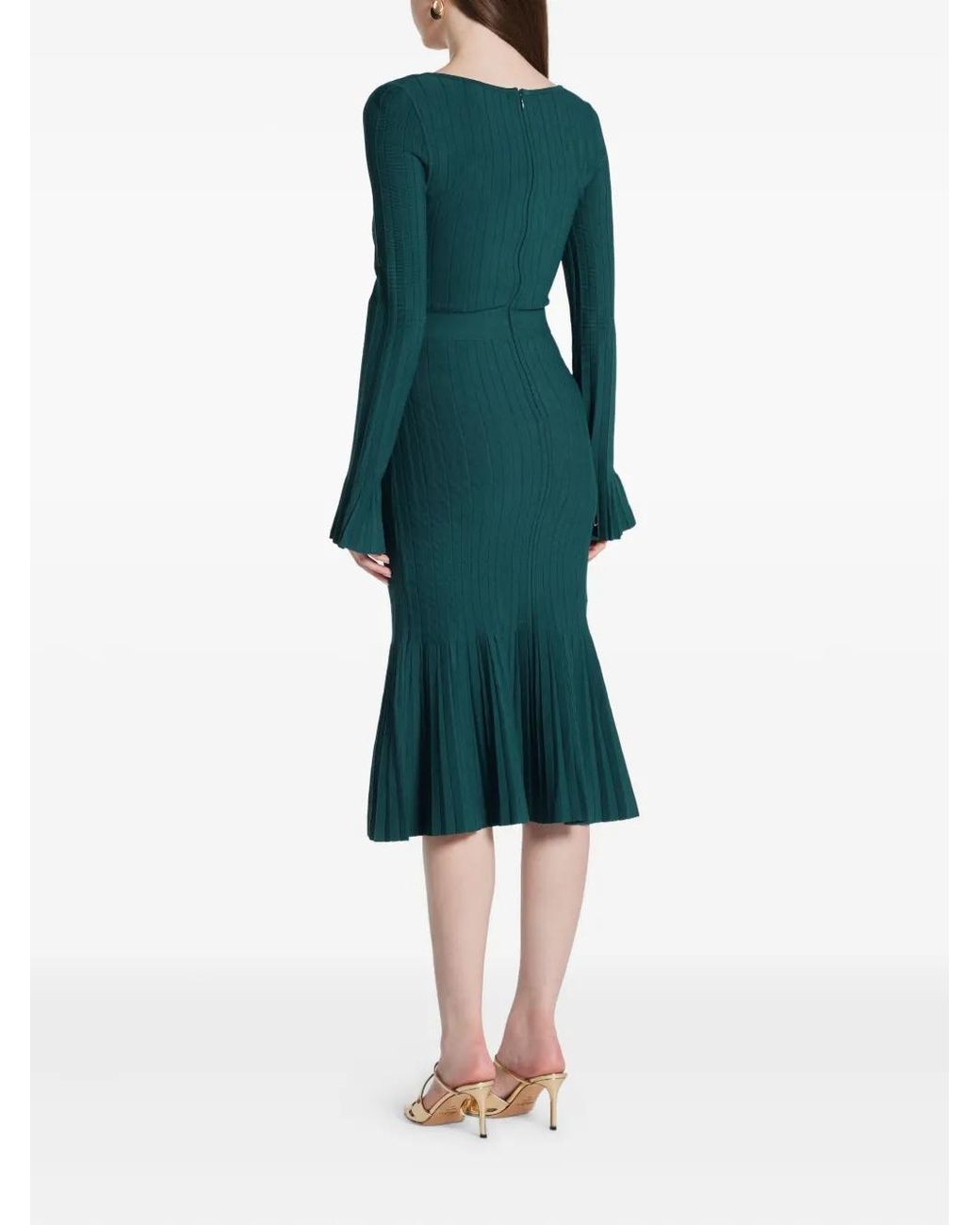 Hervé Léger Green Robe Plissée Alena À Manches Évasées