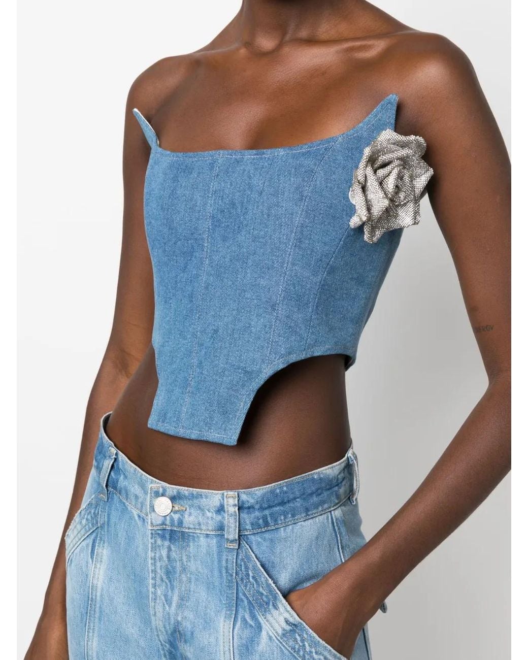 GIUSEPPE DI MORABITO Blue Floral-Appliqué Denim Corset