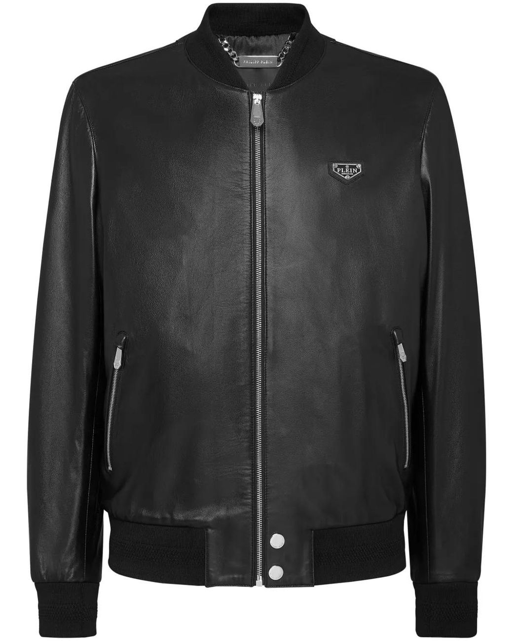 Philipp Plein Black Leather Bomber Jacket for men