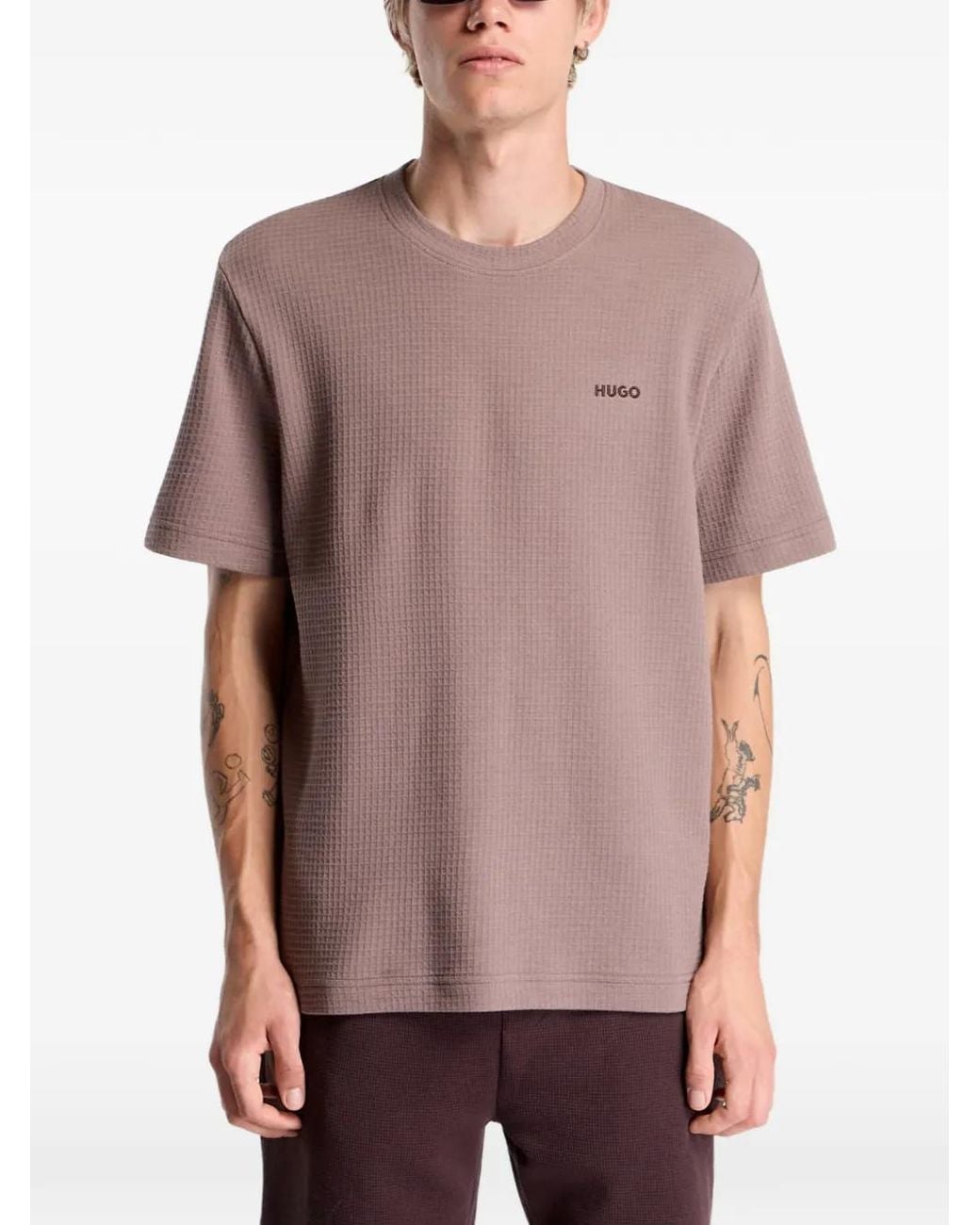 HUGO Purple Austin Waffle-Knit Logo-Patch Cotton T-Shirt for men