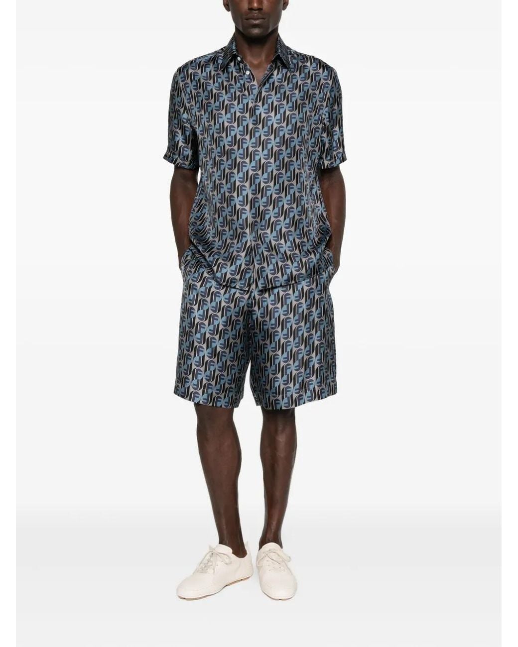 Fendi Blue Monogram-Print Silk Shorts for men