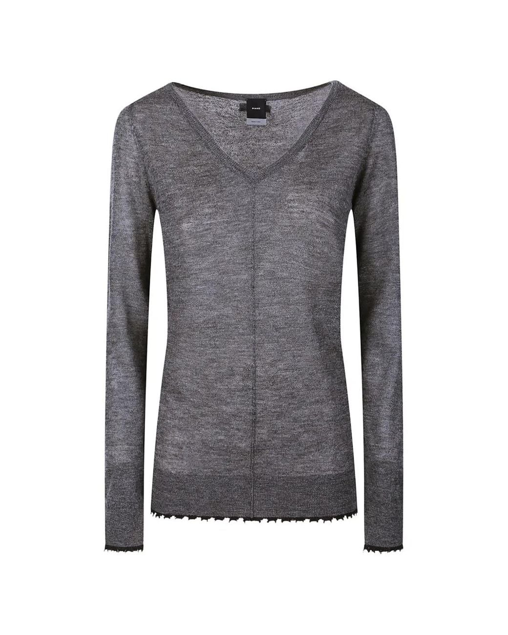 Pinko Gray V-Neck Frayed-Edge Sweater