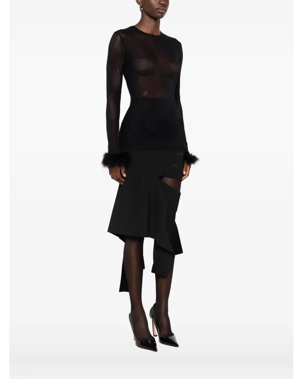 Mugler Black Feather-cuff Mesh Top