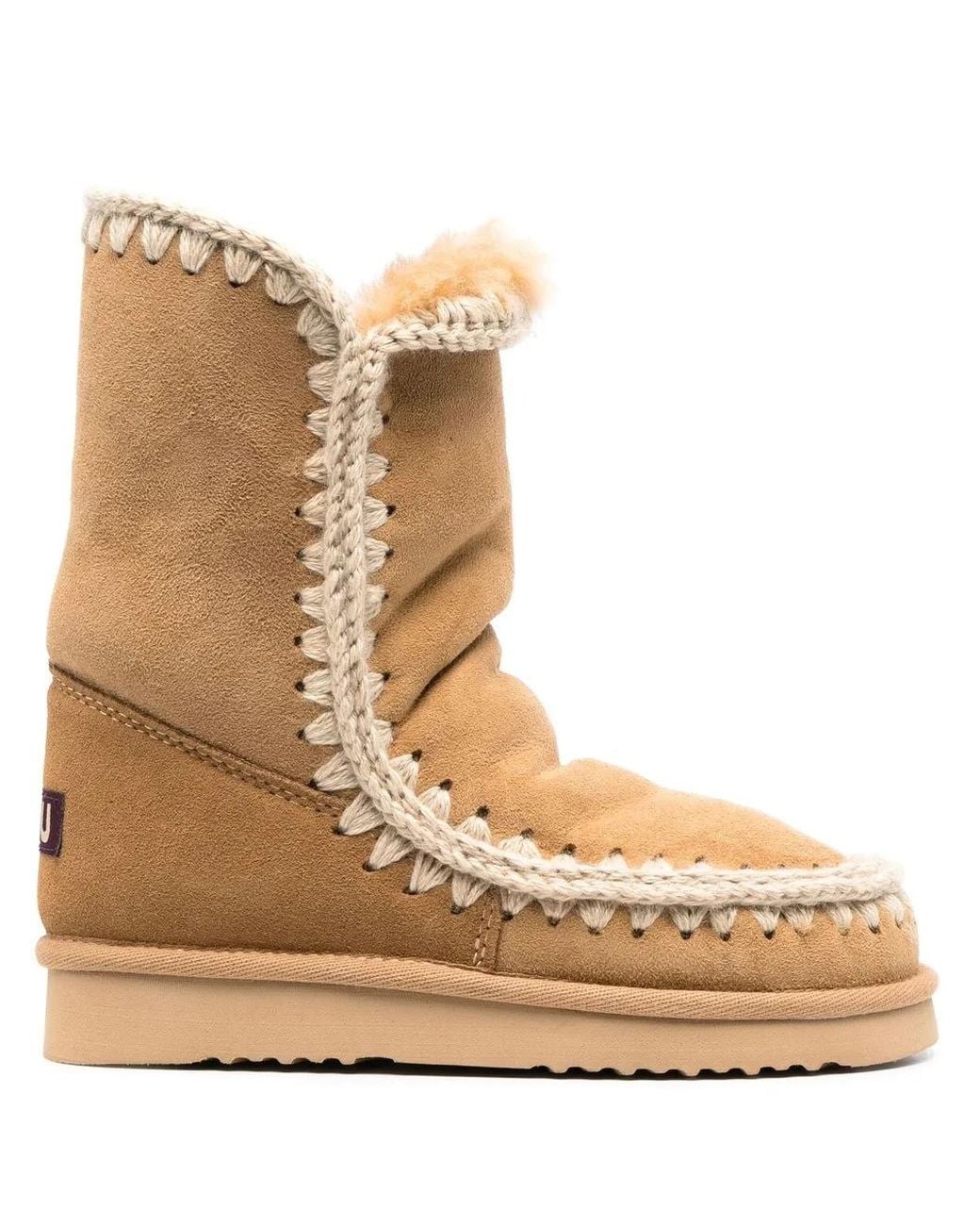Mou Brown Whipstitch-Trim Shearling-Lined Boots