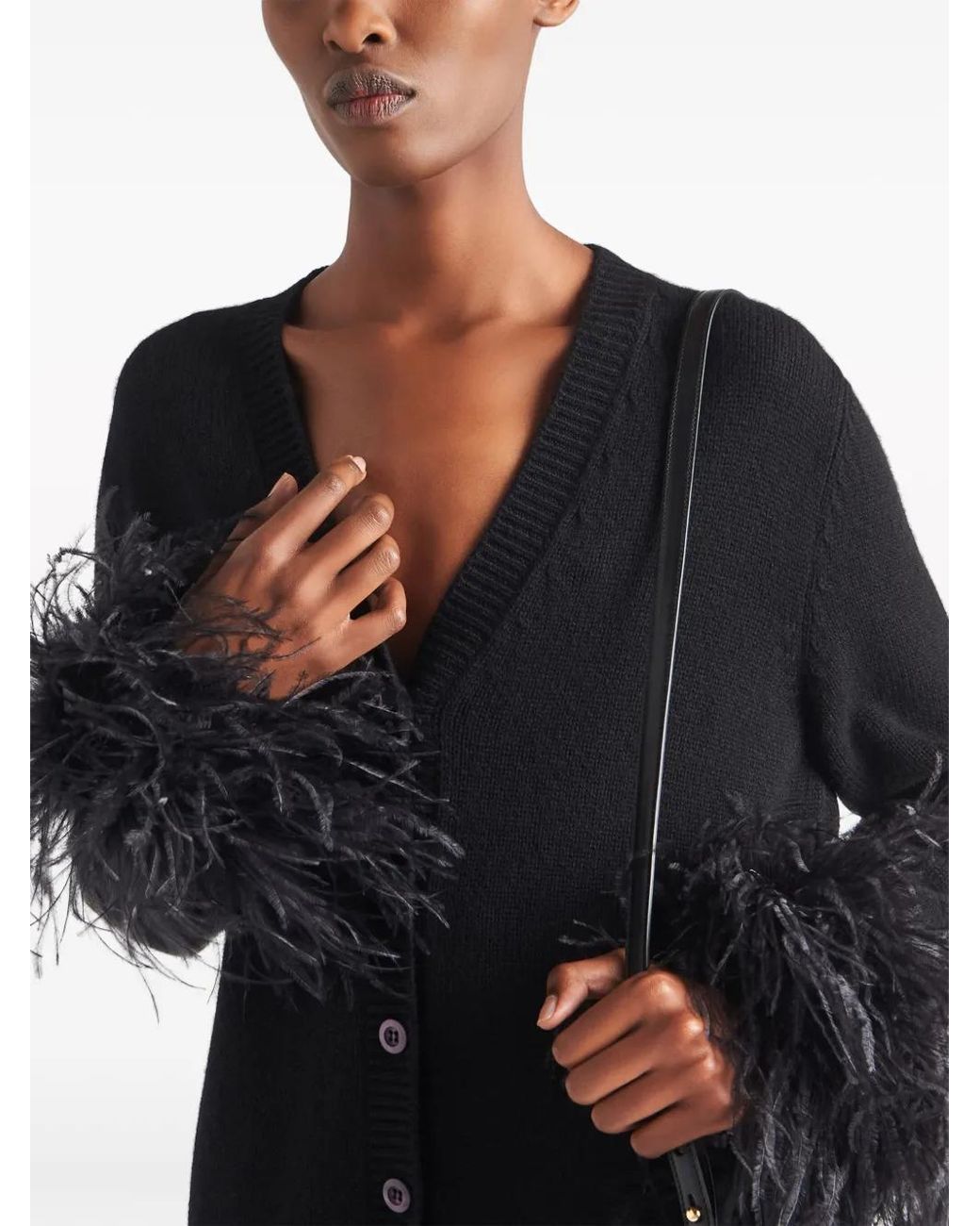 Prada Black Feather-trimmed Cashmere Cardigan