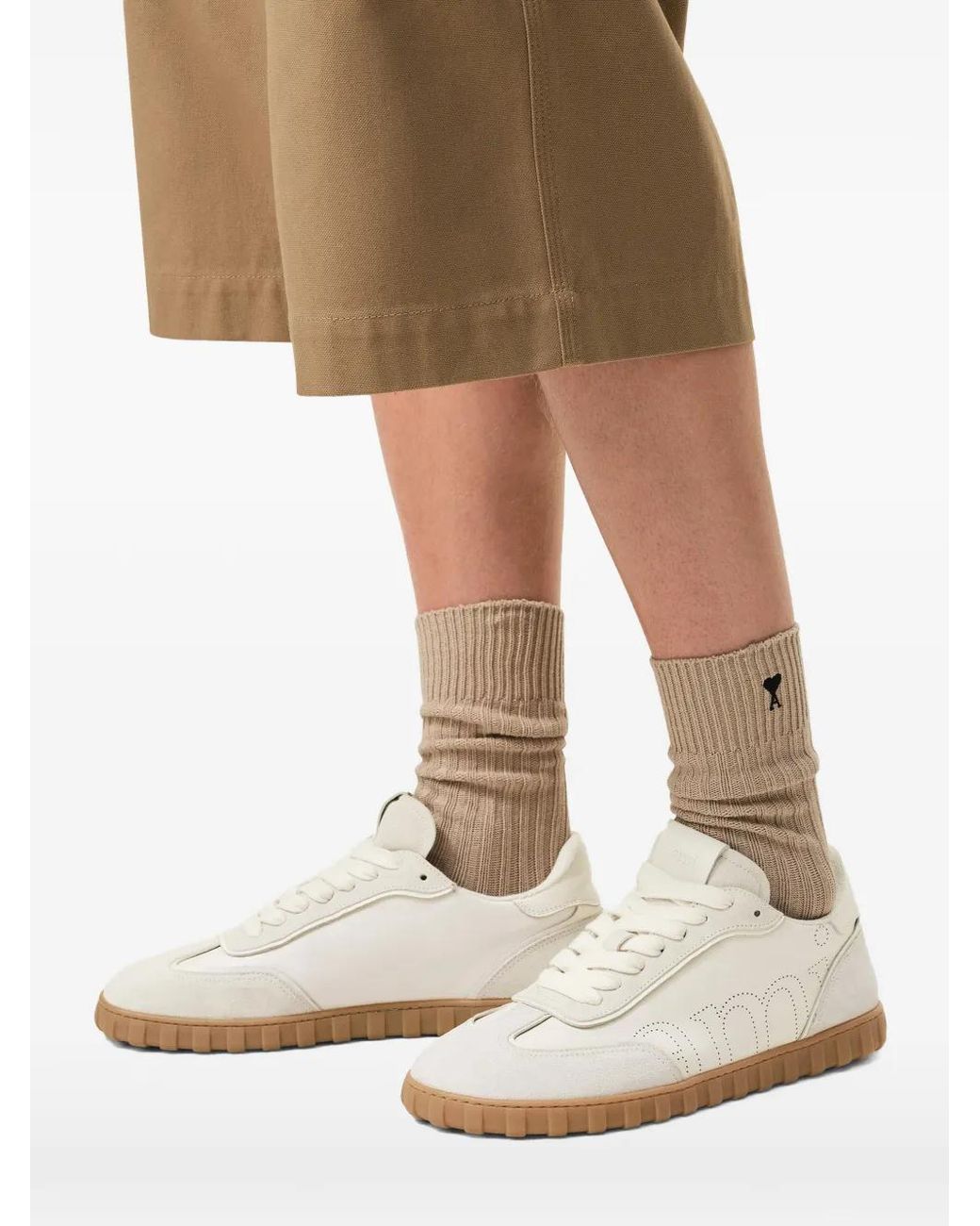 AMI White Step Perforated-logo Leather Sneakers