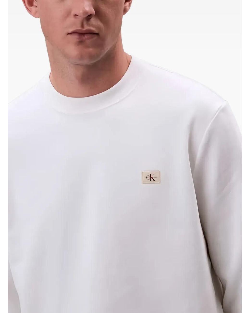 Calvin Klein White Logo-Patch Crew-Neck Sweatshirt for men