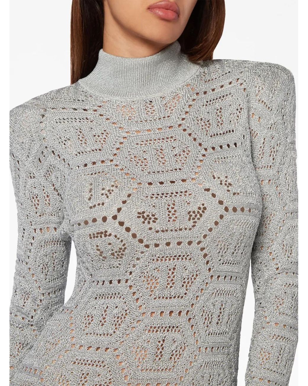 Philipp Plein Gray Monogram-Pattern Crochet-Knit Minidress