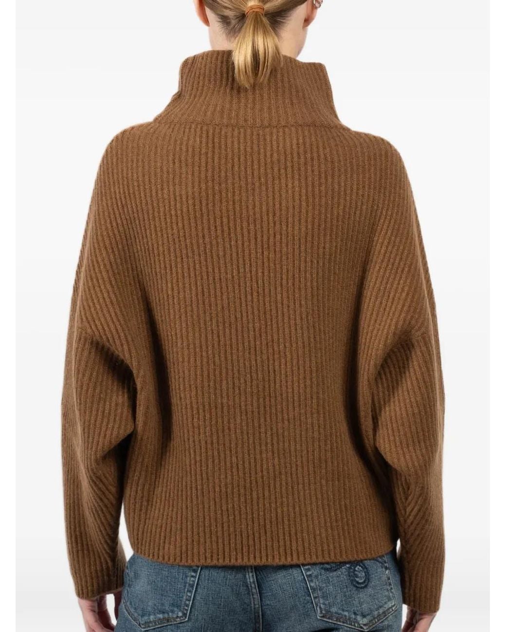 Dusan Brown Batwing Roll-Neck Ribbed Sweater