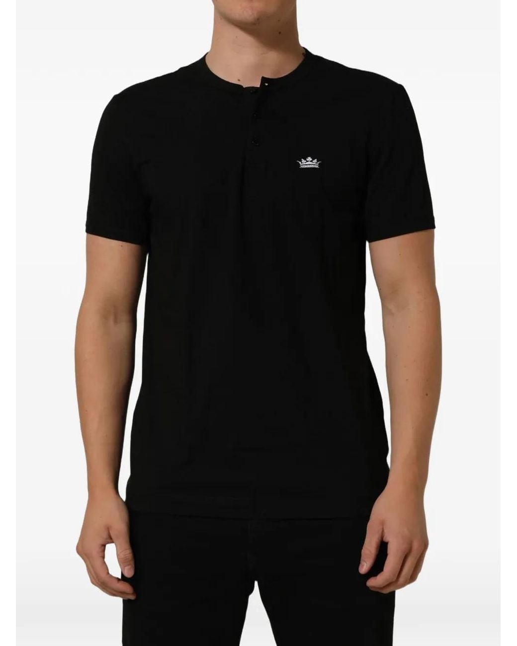 Dolce & Gabbana Black Crown-Embroidered Henley T-Shirt for men