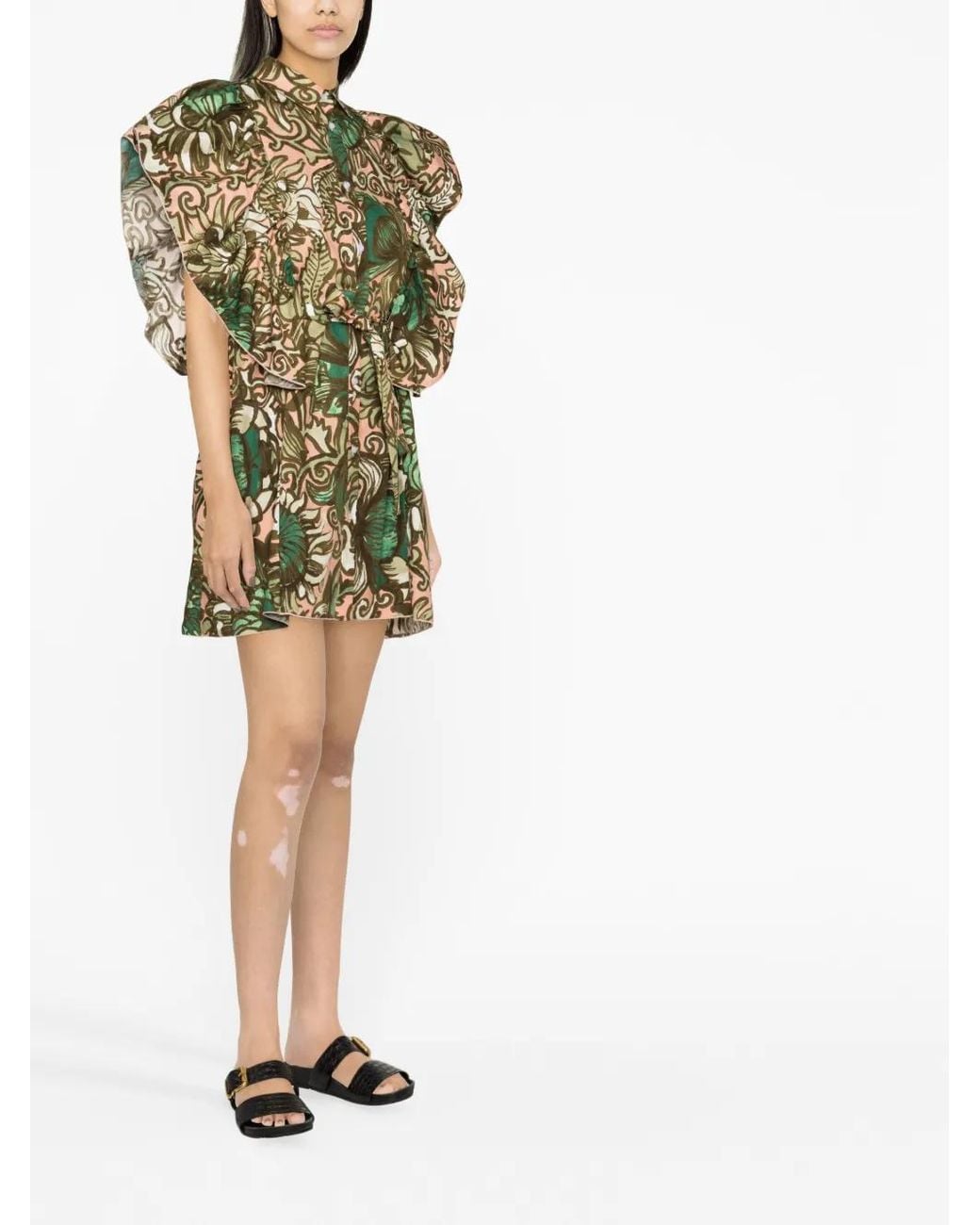LaDoubleJ Green Graphic-Print Ruffle-Detail Dress