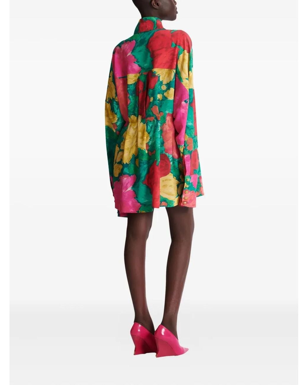 Balmain Green Floral-Print Shirt Dress