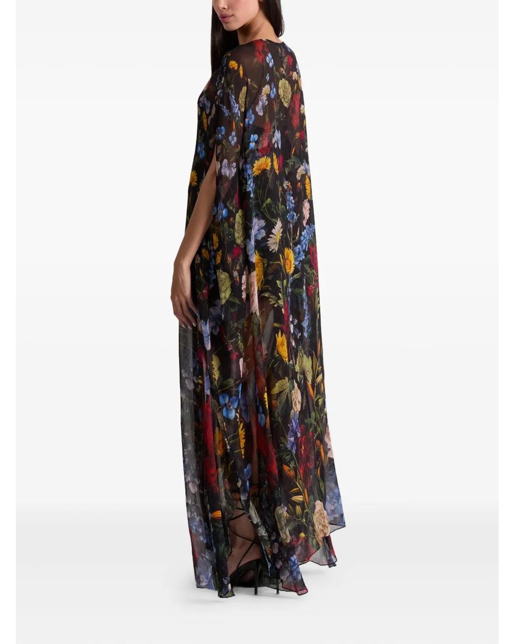 Alice + Olivia Linn Floral-Print Cape Maxi Dress in Black | Lyst