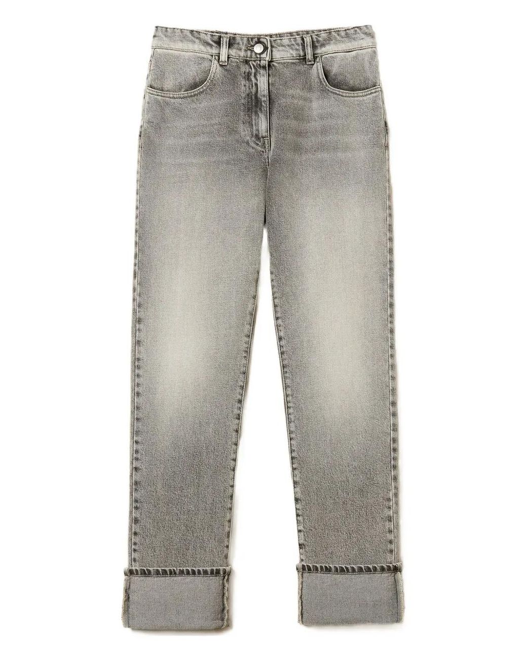 Twinset Gray Cuffed-Hemline Logo-Patch Denim Jeans