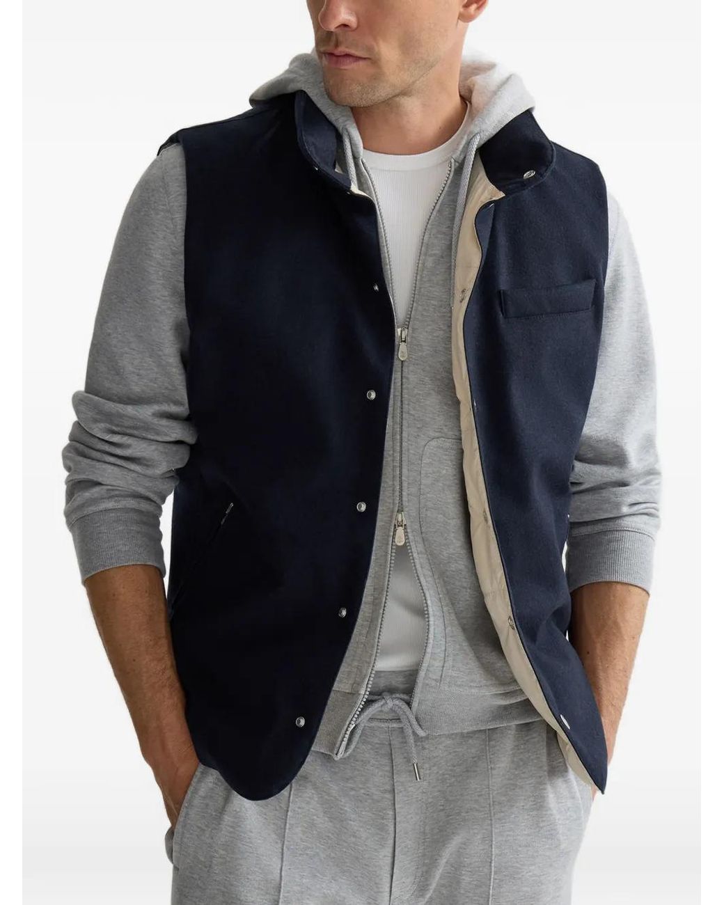 Brunello Cucinelli Blue Bonded Wool Flannel Down Vest With Detachable Hood for men