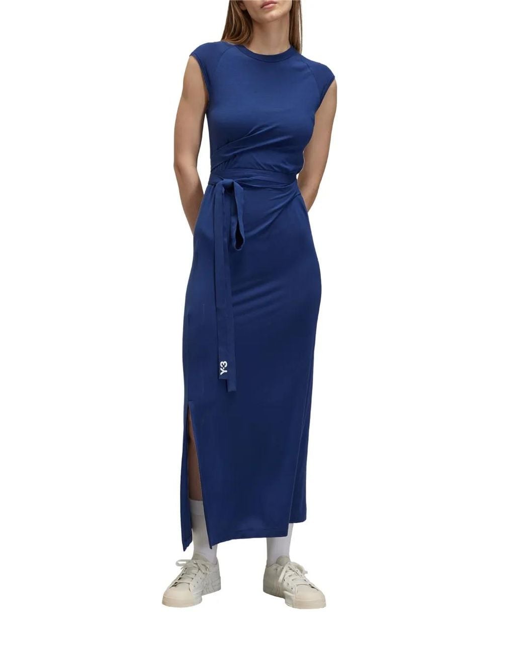 Y-3 Blue Belted Stripe-Detail Dress