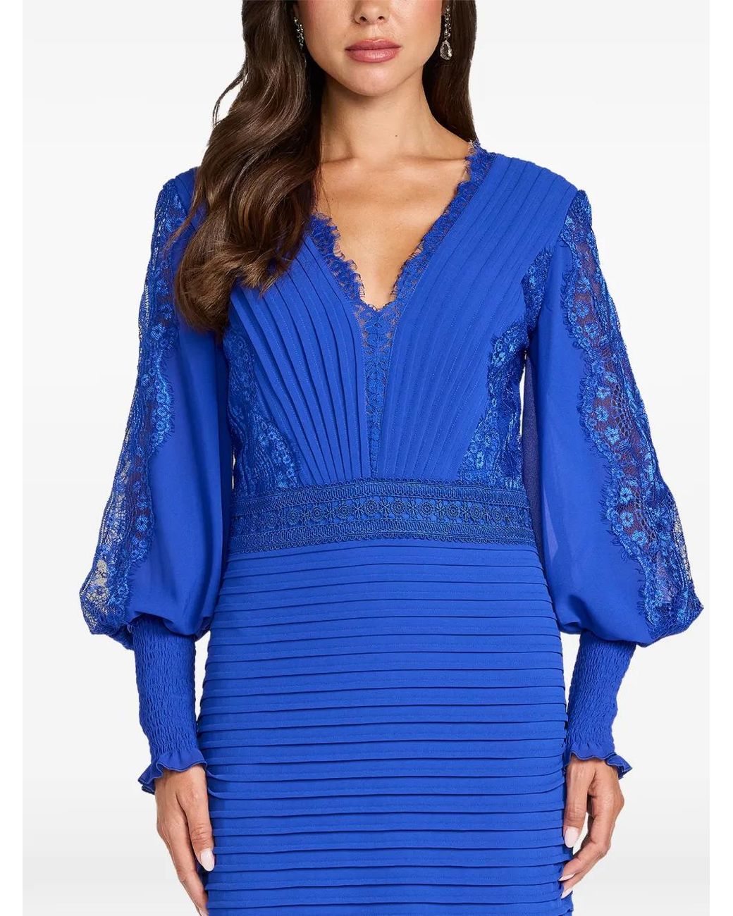 Tadashi Shoji Blue Maxi Nyssa Bishop Lace-Panelled Pleated Dress