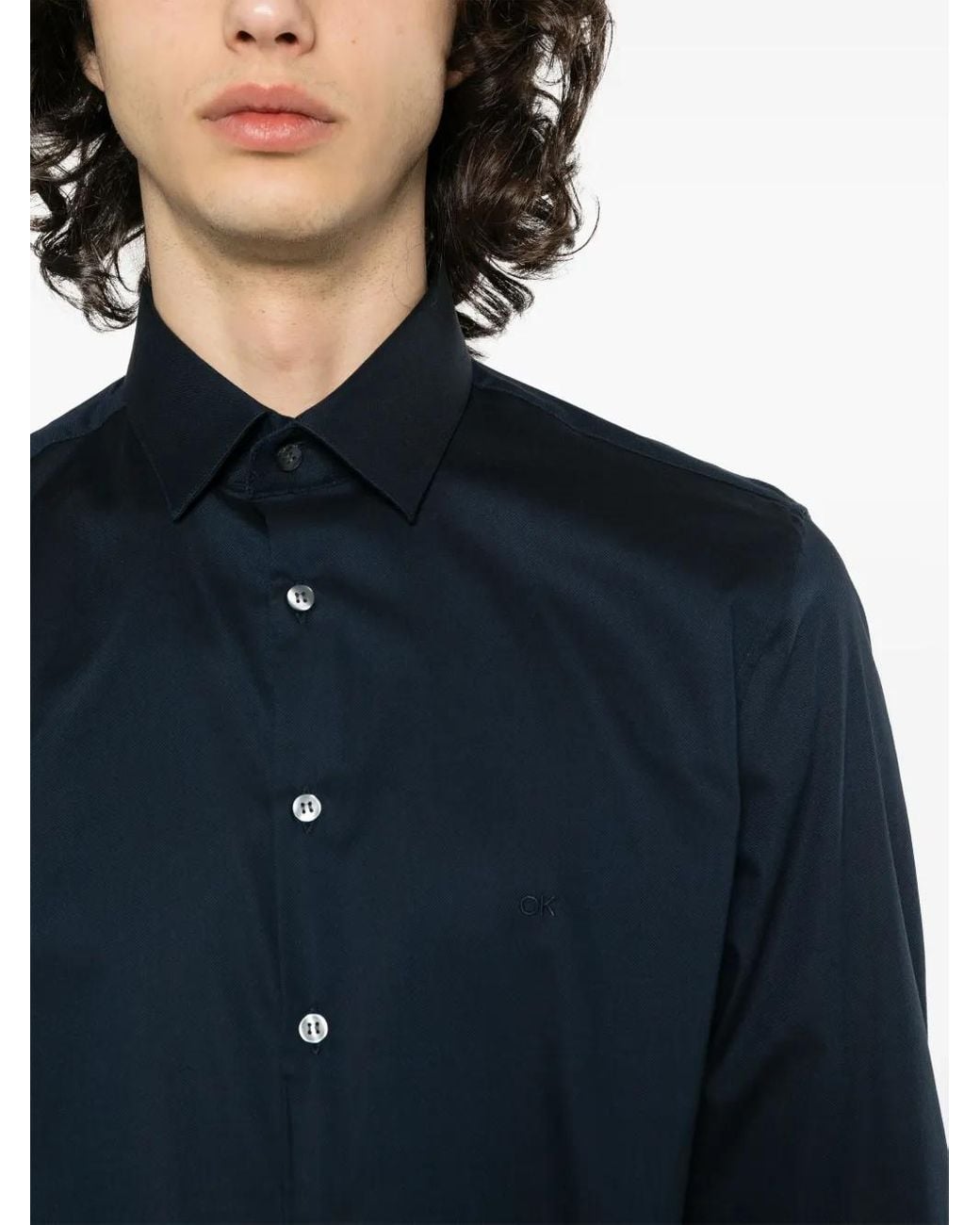 Calvin Klein Blue Monogram-Embroidered Cotton Shirt for men