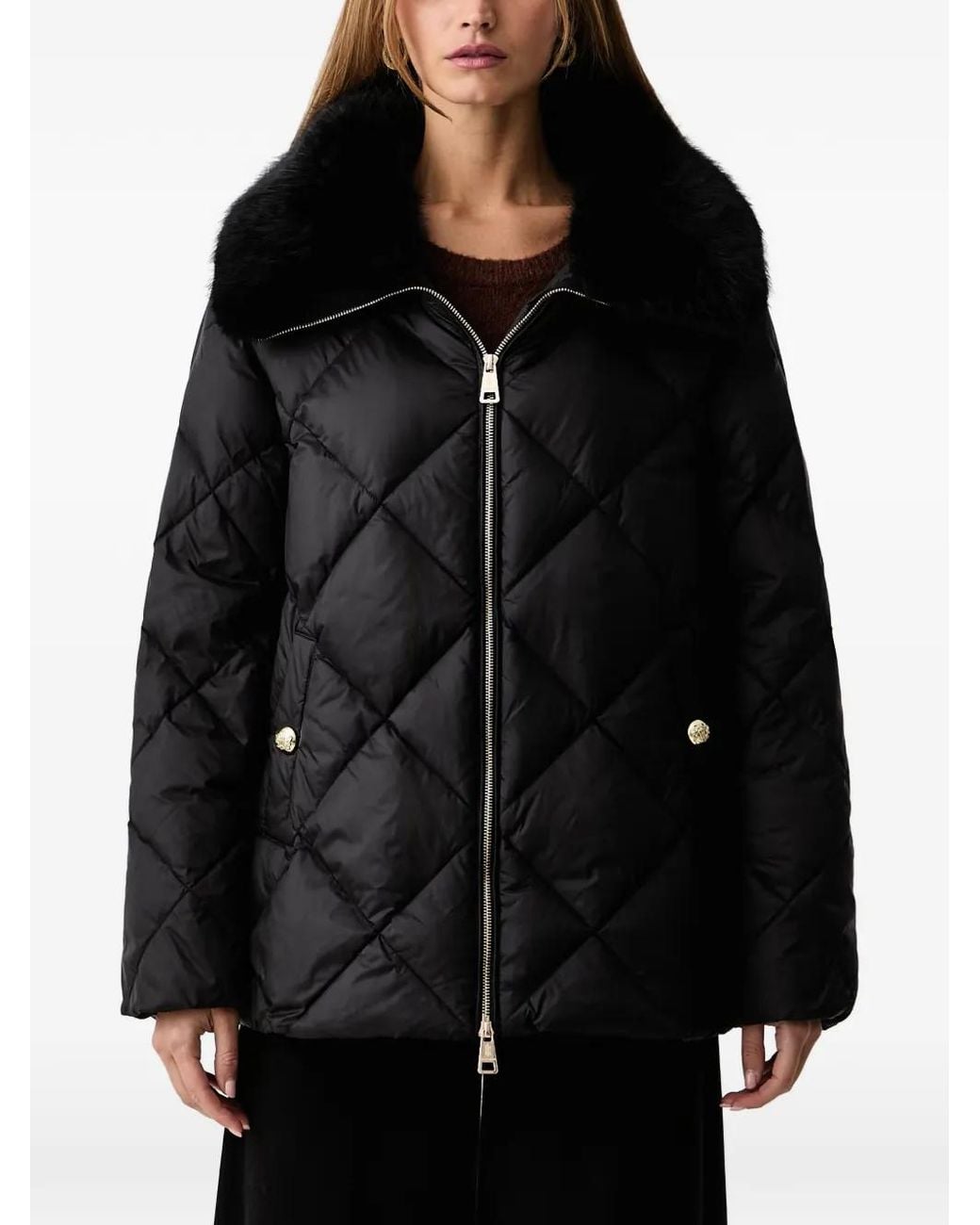 Fracomina Black Diamond-Quilted Faux-Fur-Collar Jacket