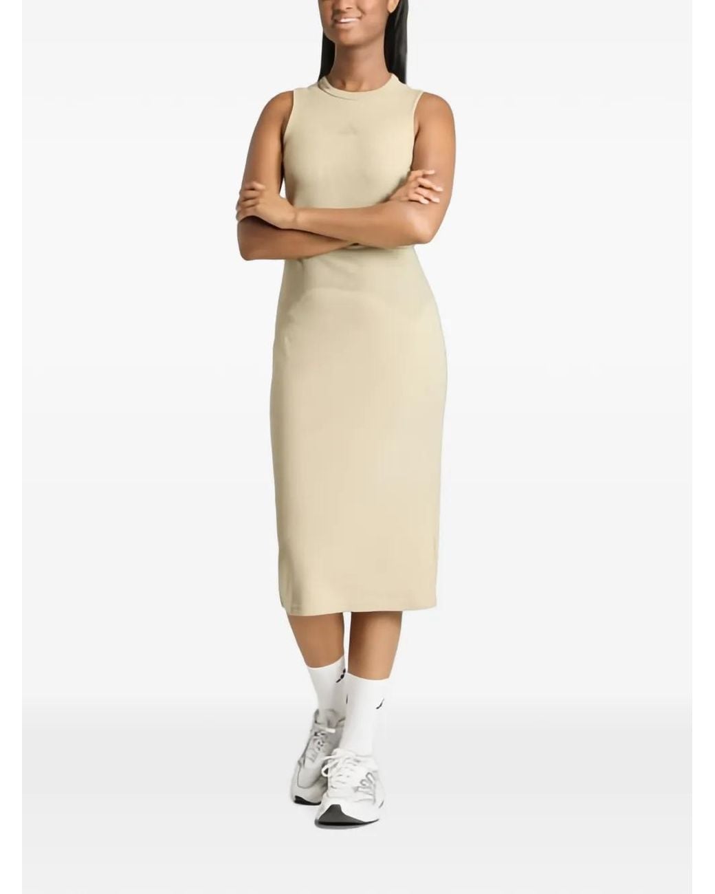 Adidas Natural Ribbed-Knit Logo-Patch Midi Dress