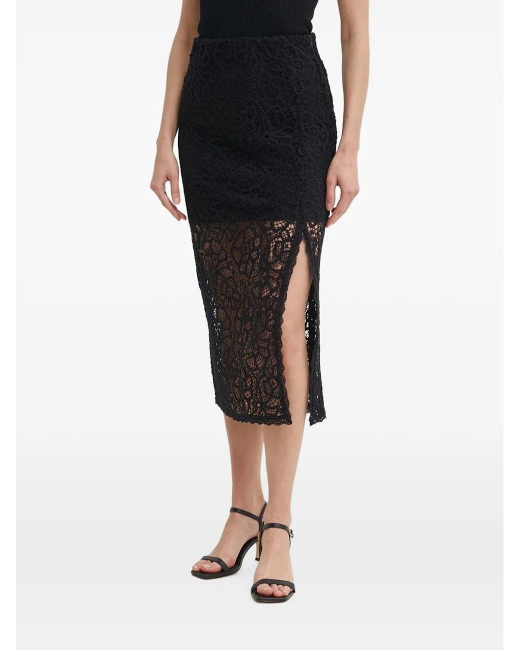 Sisley Black Lace-Panels Slit Midi Skirt