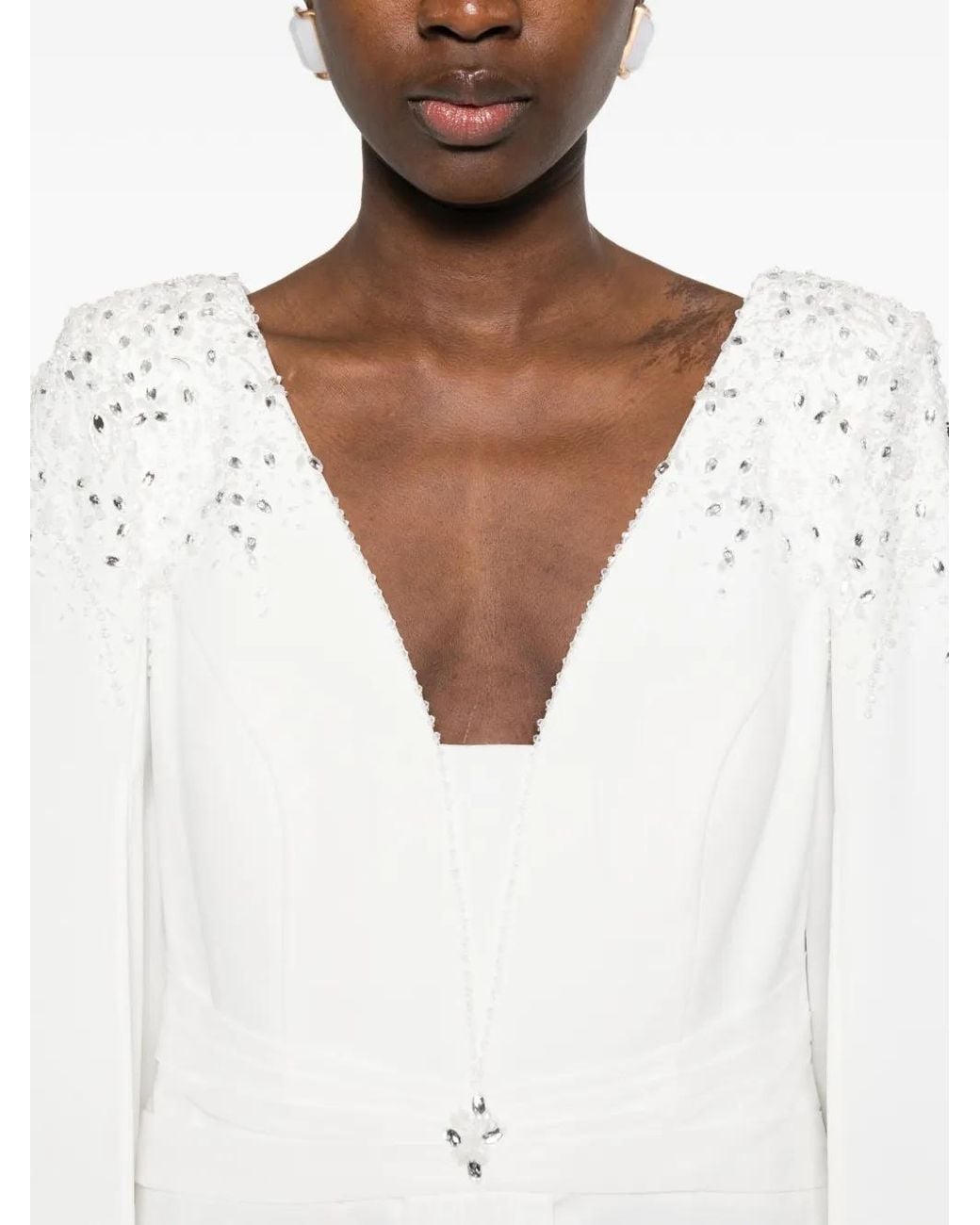 The Couture Club White Embellished Cape Gown