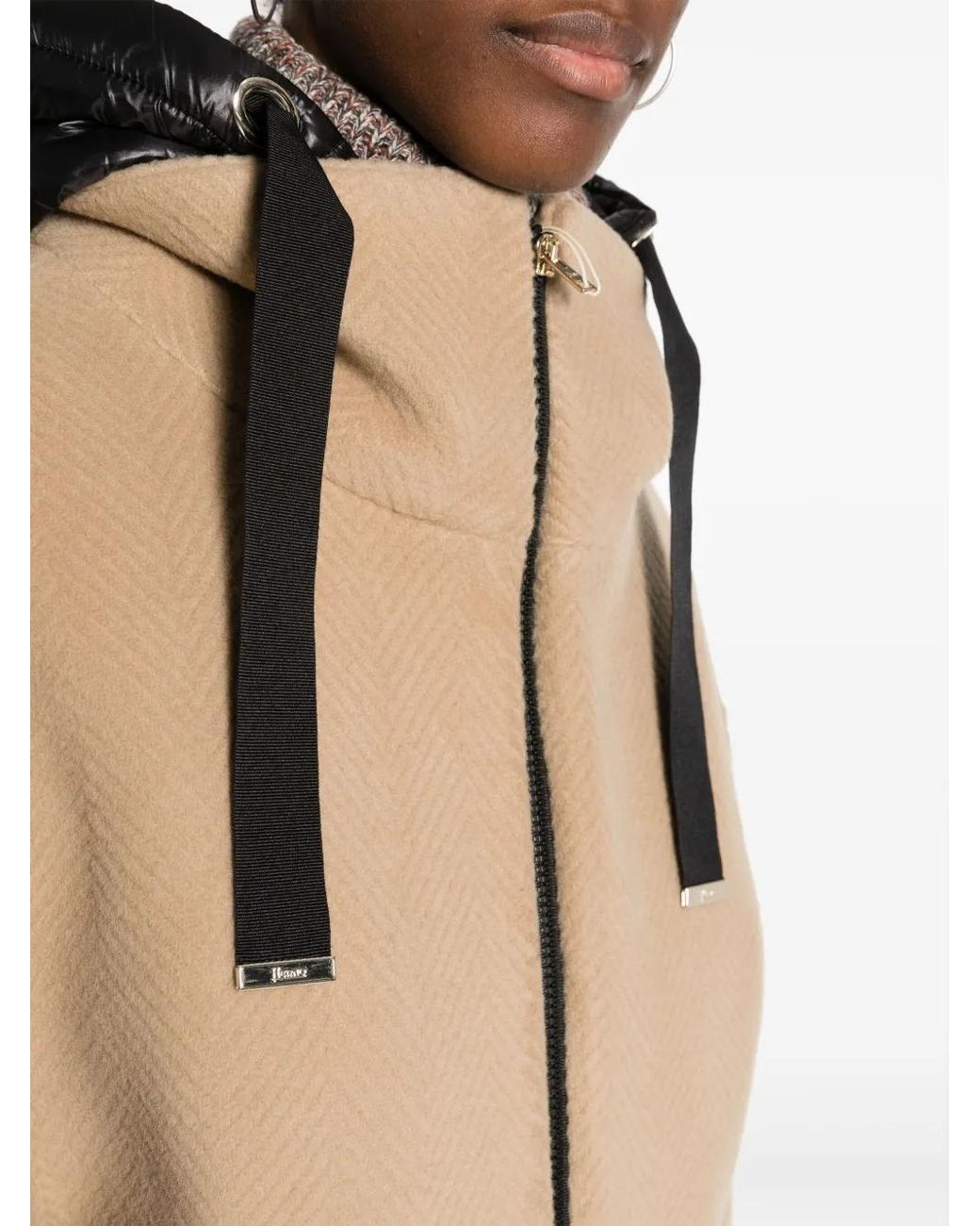 Herno Natural Brown Coat With Padded Hood And Zip Fastening In Wool Woman