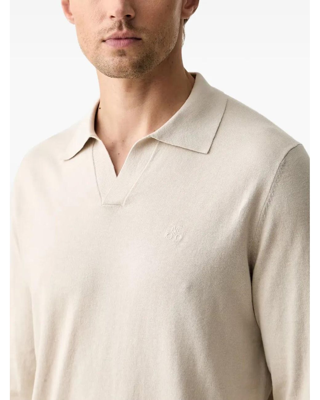 Marc O' Polo Natural Logo-Embroidered Fine-Knit V-Neck Top for men