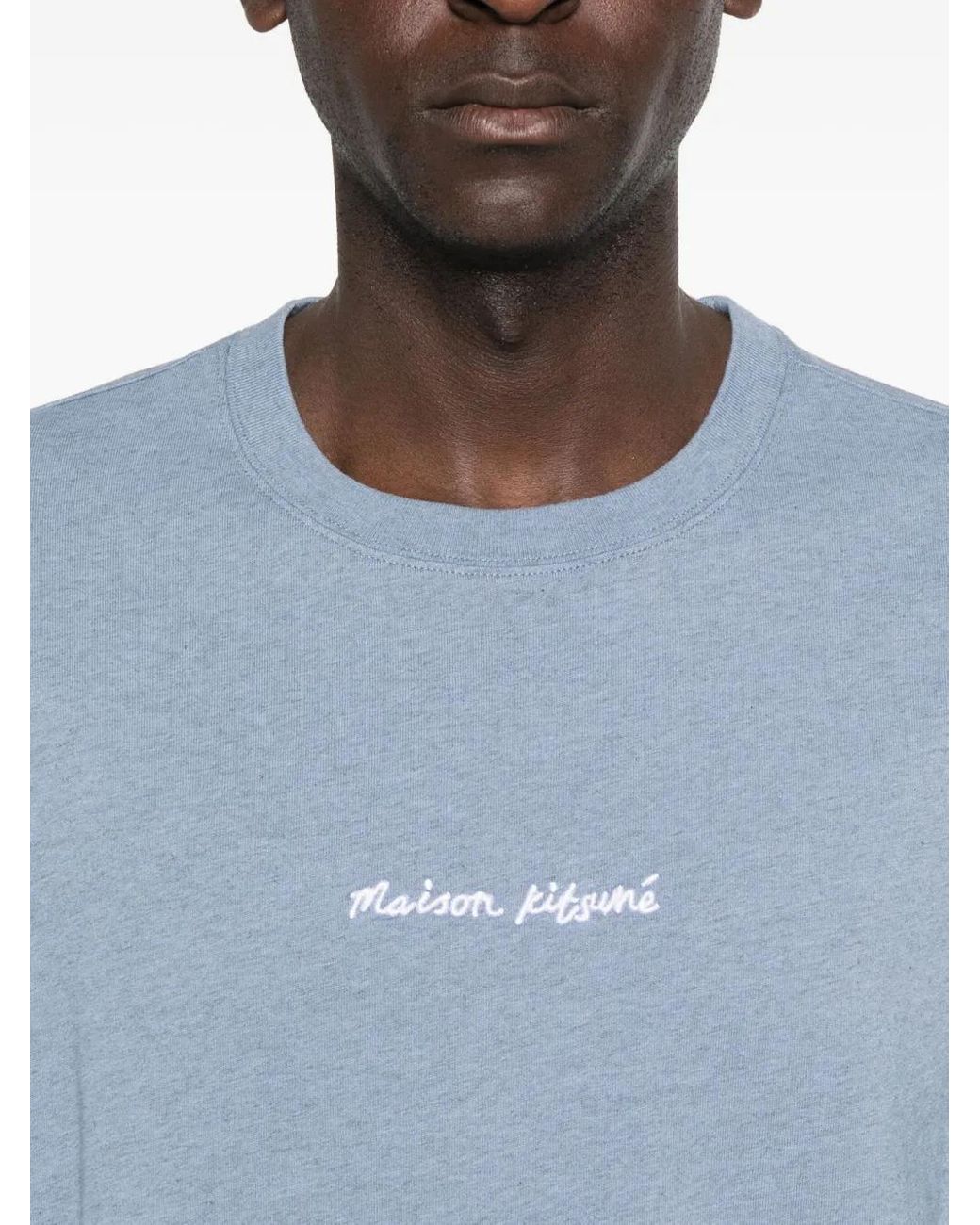 Maison Kitsuné Blue Embroidered-Logo Cotton T-Shirt for men