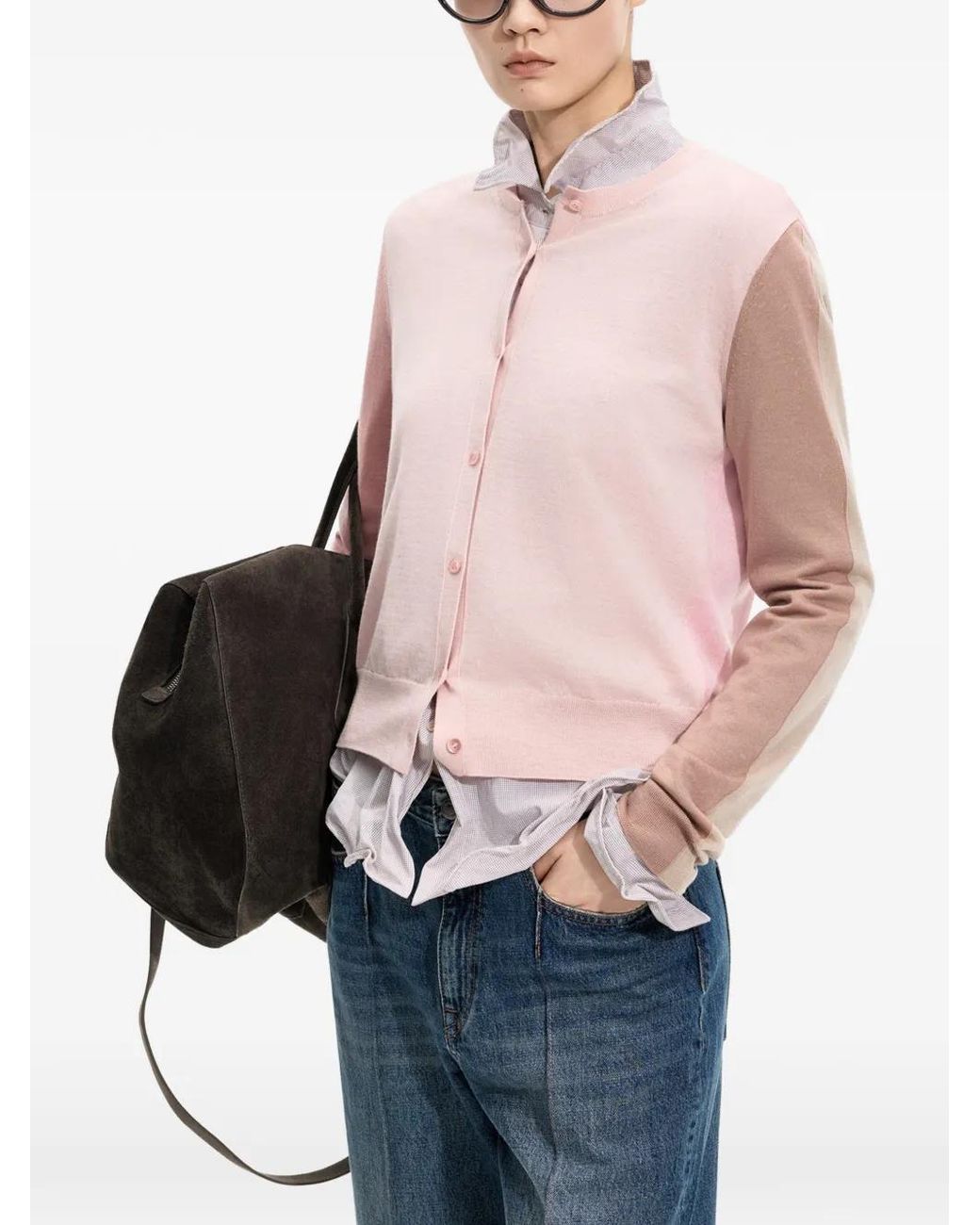 JNBY Pink Colour-Block Wool Cardigan