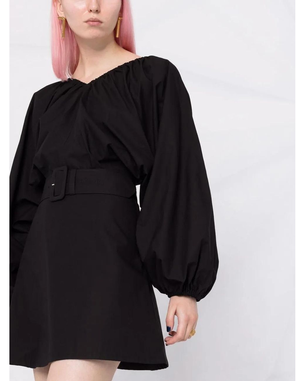 Patou Black Balloon-Sleeve Belted Mini Dress